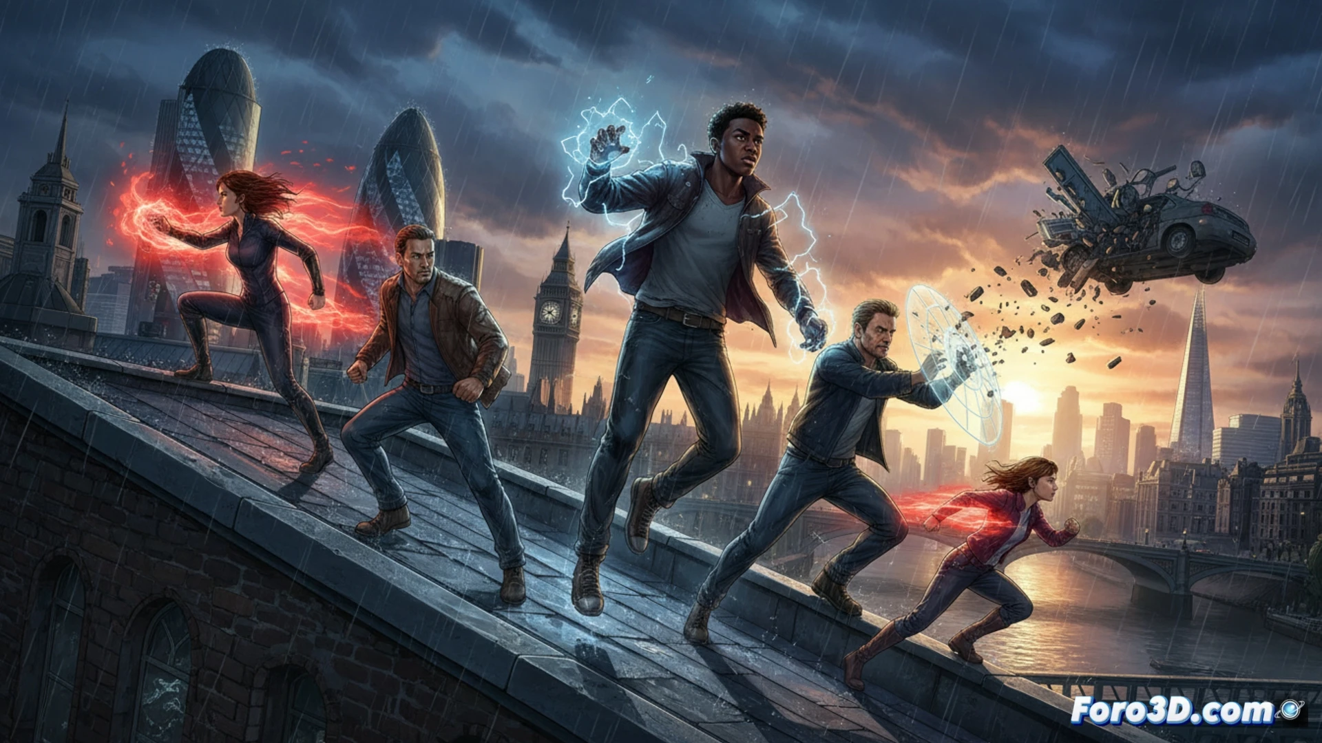 cinematic scene of ordinary London street at night, five diverse characters in modern casual clothes suddenly displaying superpowers, one woman levitating above pavement with glowing hands, another man phasing through a red telephone box, blue energy arcs crackling from a third person's fingertips, shattered glass fragments frozen mid-air during a telekinetic burst, realistic urban textures of wet asphalt and brick walls, dramatic side-lighting from street lamps, photorealistic superhero genre deconstruction, subtle particle effects around power manifestations, motion blur on a passing black cab