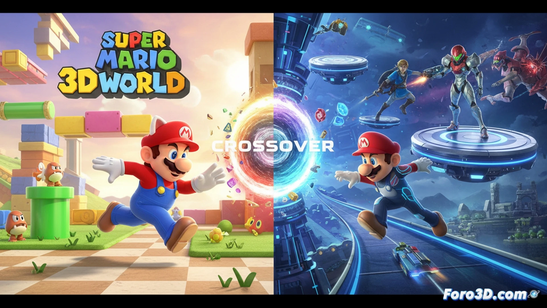 Mario de perfil en Switch 2, con un pie en el mundo clásico de bloques y otro en un portal brillante hacia gráficos HD.