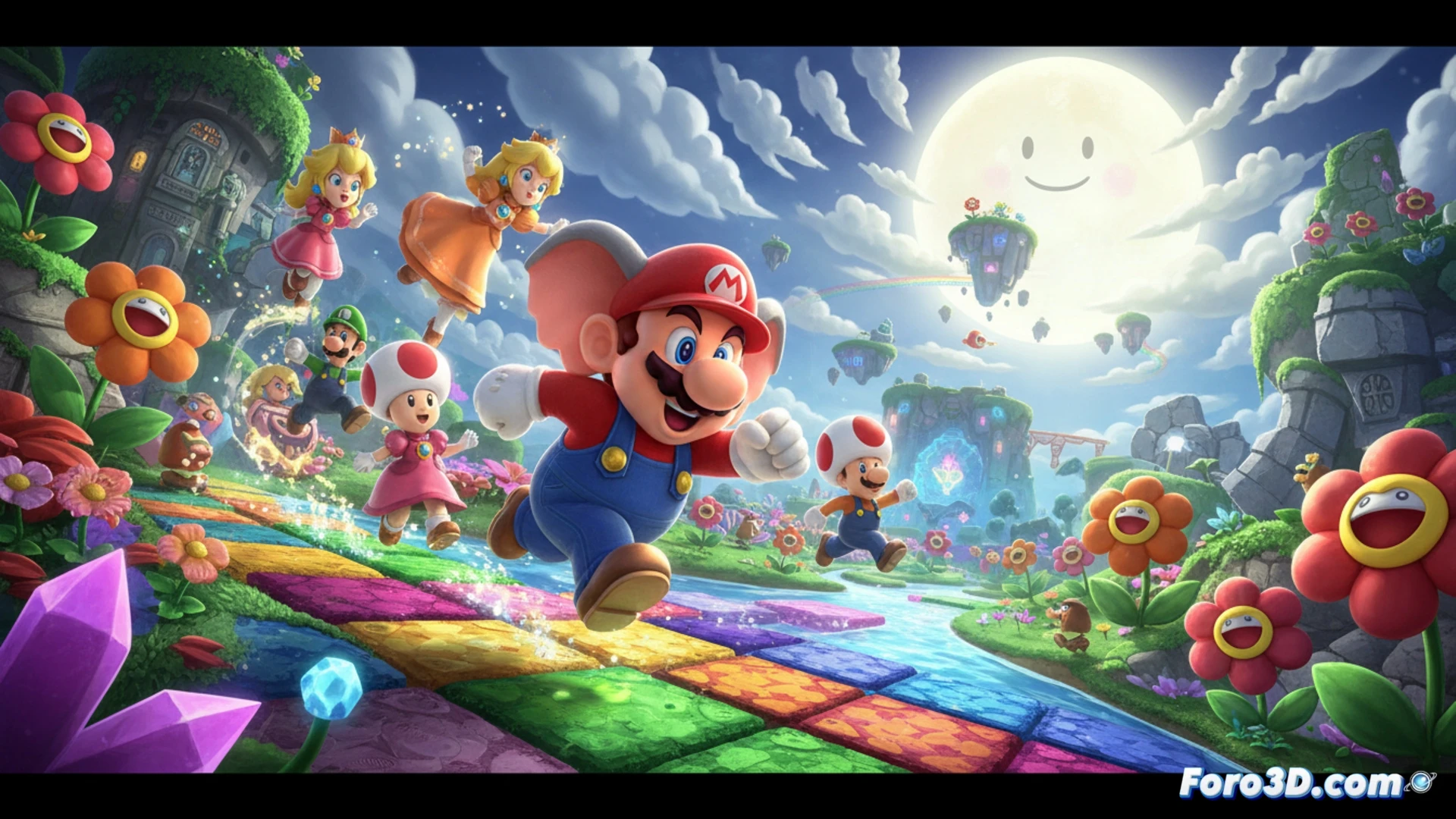 DESCRIPCIÓN: Mario salta en un nivel vibrante, con flores parlantes y bloques dorados, en un estilo 2D/3D artesanal.