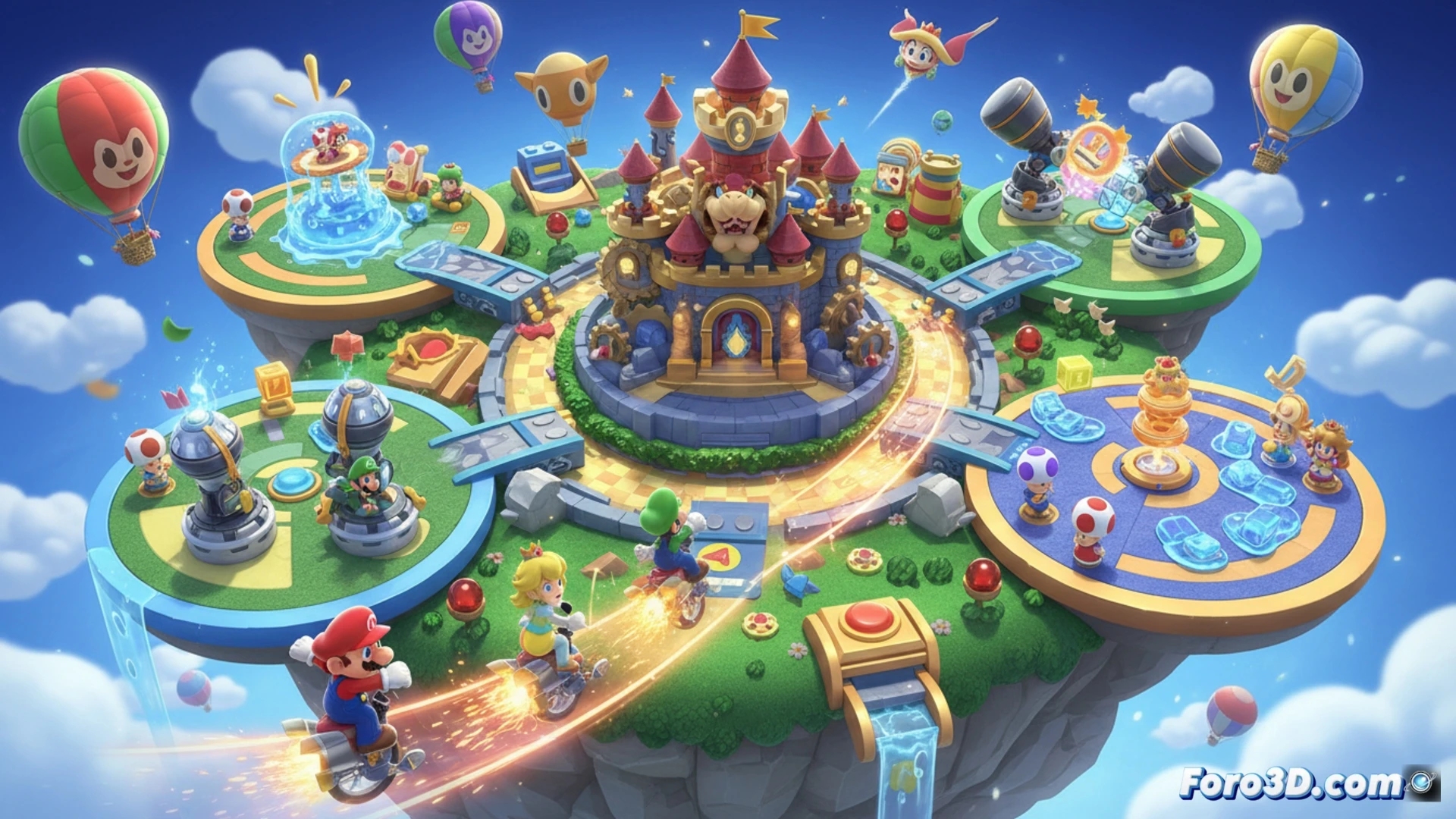 Una imagen del logotipo de Super Mario Party Jamboree sobre un motor gráfico abstracto, con engranajes y chips Nintendo Switch.