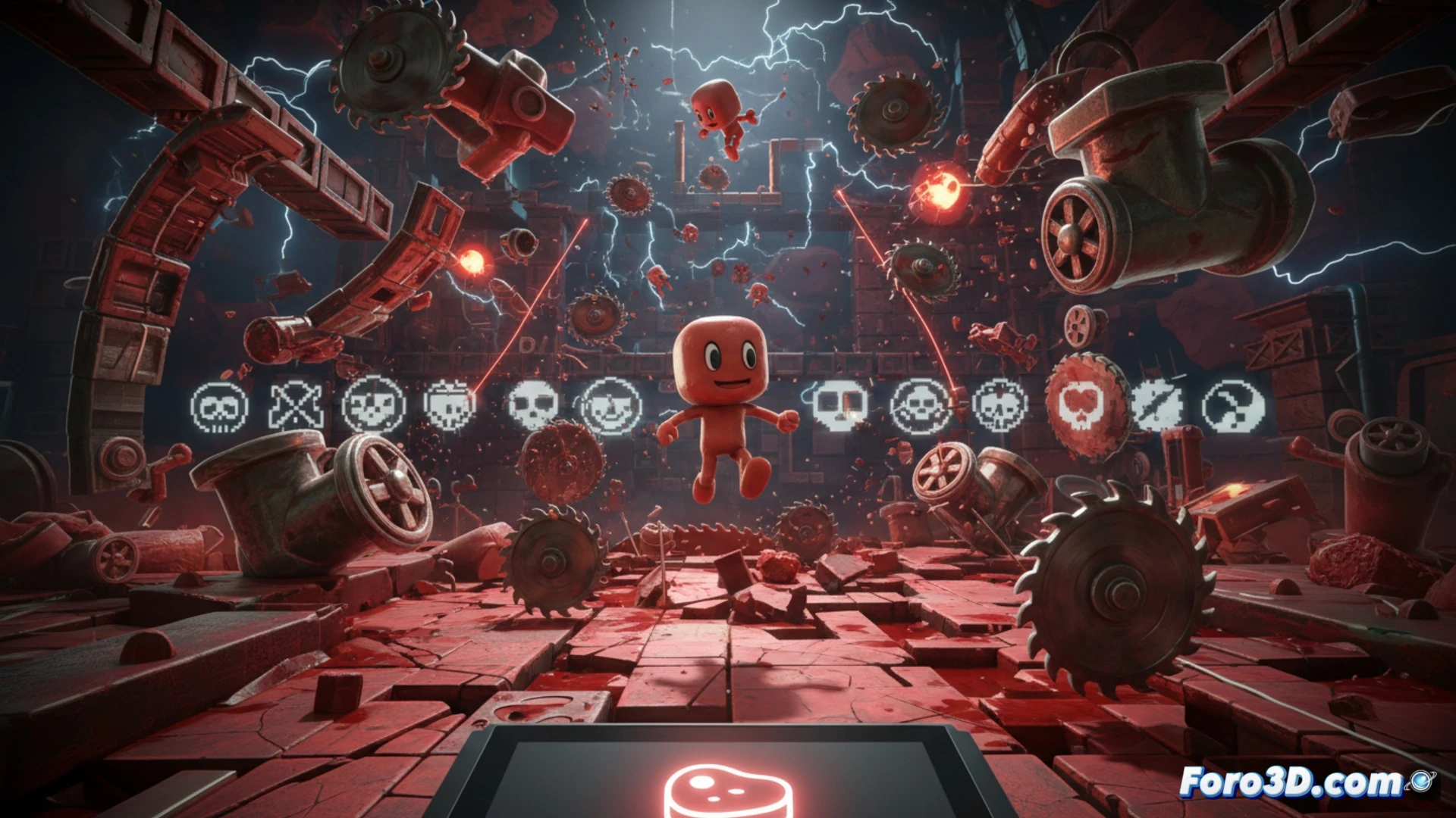 small cube of raw meat with cartoon eyes and bandage falling into a giant blender filled with spinning saw blades, gears, and spikes, while a Nintendo Switch 2 console sits open on a desk beside a controller with drifting joystick, dramatic impact splash of red liquid, shattered glass particles flying, cinematic gaming scene, hyper-detailed mechanical traps, photorealistic render, intense action frozen mid-fall, dark moody lighting with neon pink highlights, ultra-sharp focus on the meat cube and blender blades