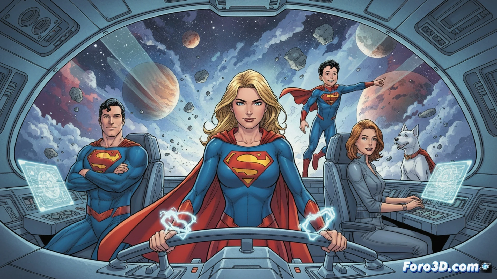 Supergirl adolescente lidera a la Superfamilia en un viaje espacial, explorando trauma y superación en una novela gráfica familiar.