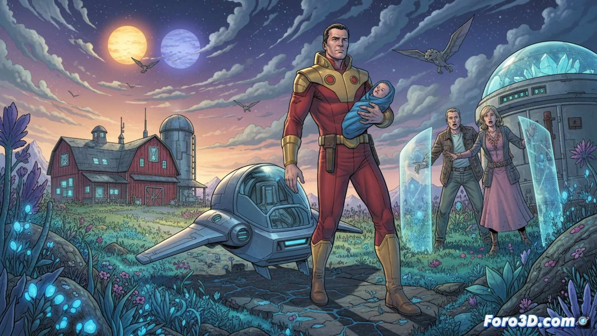 Jor-El adulto en traje kryptoniano aterrizando en un campo de maíz de Kansas, polvo levantado por el impacto, granjero Jonathan Kent acercándose con linterna en mano, nave espacial deformada humeando detrás, cielo nocturno tormentoso con relámpagos distantes, estilo cinematográfico de ilustración técnica, textura metálica de la nave con paneles rotos y cables expuestos, iluminación dramática con contraste entre el resplandor azul de la nave y la luz cálida de la linterna, render fotorrealista, ángulo contrapicado mostrando la escala del aterrizaje, acción congelada en el momento del primer contacto visual entre ambos personajes