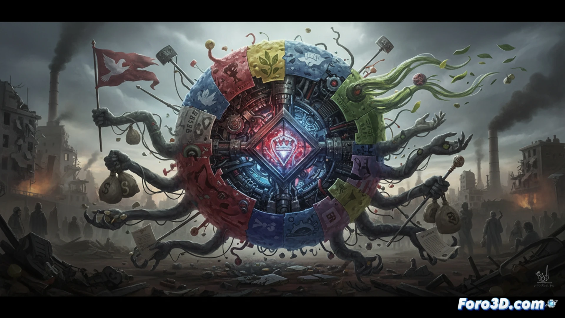 bacterial colony morphing into a political party structure, membrane-like outer layer shedding old slogans while rigid internal power nucleus remains unchanged, core of golden gears and control panels surrounded by shifting translucent text fragments, technical illustration style, biopolitical visualization, glowing blue data streams flowing between mutated exterior and static interior, metallic connections pulsing with energy, cinematic dark background with amber highlights, hyperdetailed molecular-mechanical hybrid texture