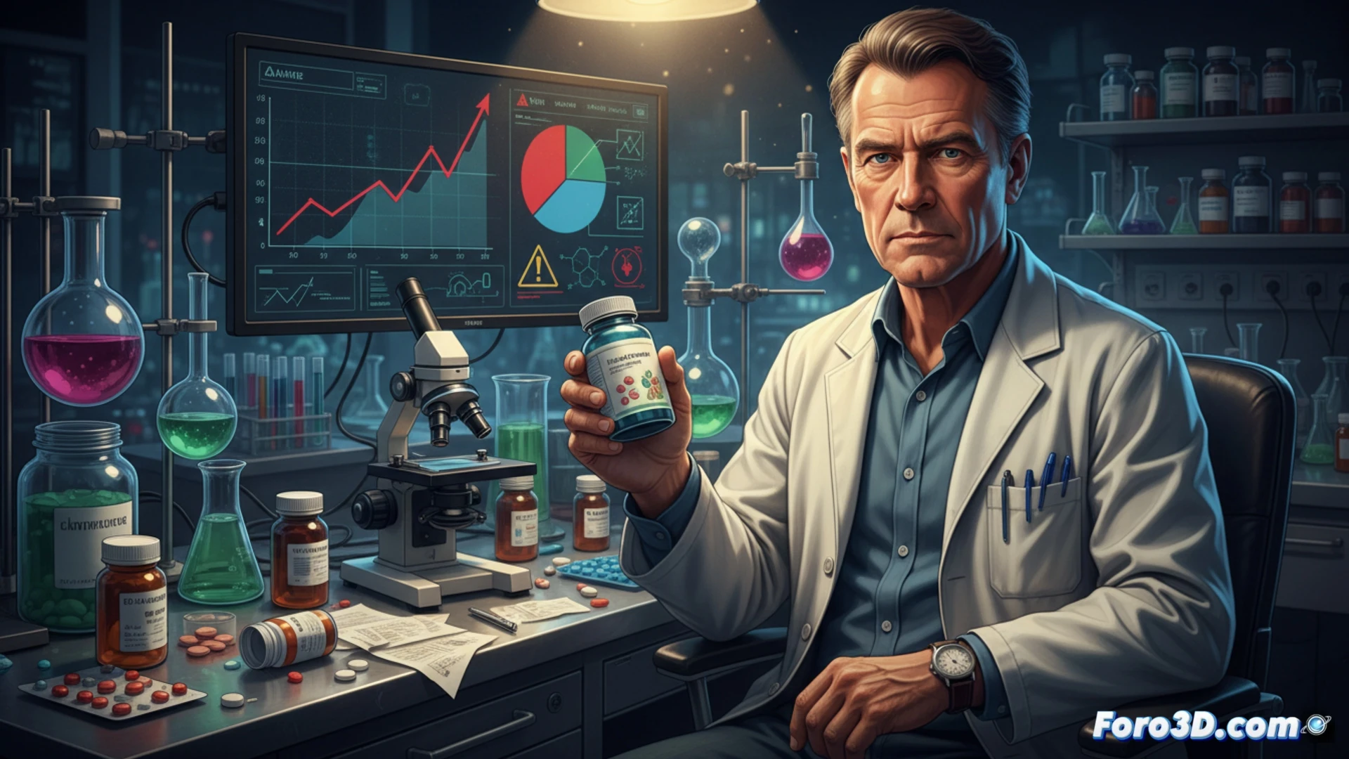 laboratory scene showing a toxicologist in white coat examining a microscope slide labeled with supplement capsules, glass beakers containing colorful powders and pills on steel counter, holographic molecular structures floating above warning symbols, petri dishes with unknown crystalline formations, chemical analysis equipment with digital readouts displaying toxicity levels, sterile white environment with blue safety lighting, photorealistic technical illustration style, sharp focus on scientific instruments, dramatic shadows emphasizing contamination risk, ultra-detailed laboratory glassware, cinematic medical research aesthetic