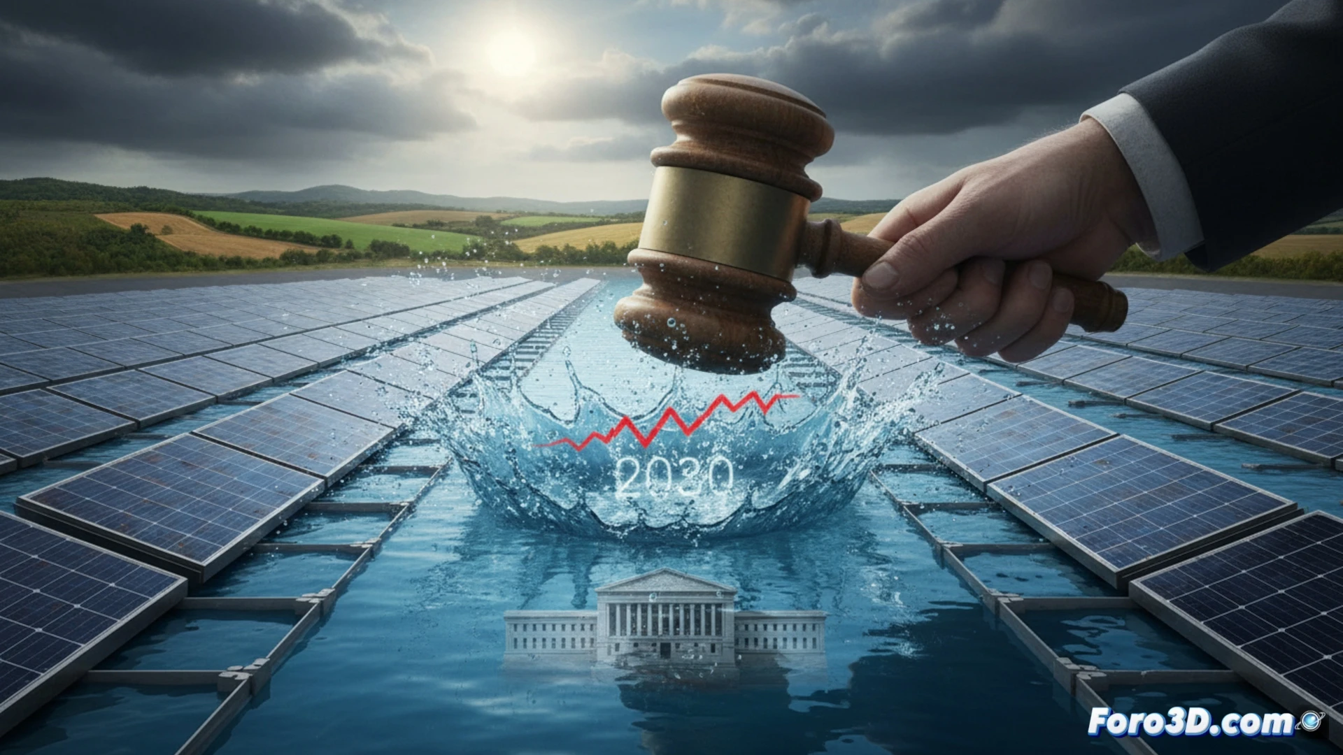 Aerial view of a large reservoir covered with floating solar panels, a gavel striking a judicial document labeled with legal seals, ripples disrupting the water surface around disconnected photovoltaic modules, workers in safety vests pausing installation mid-process, a government planning document with 2030 targets fading into translucent shadows, technical illustration style, crisp blue water contrasting with dark solar arrays, dramatic overcast lighting, photorealistic engineering visualization, detailed cable connectors and floating anchors visible, sense of halted progress and legal intervention.