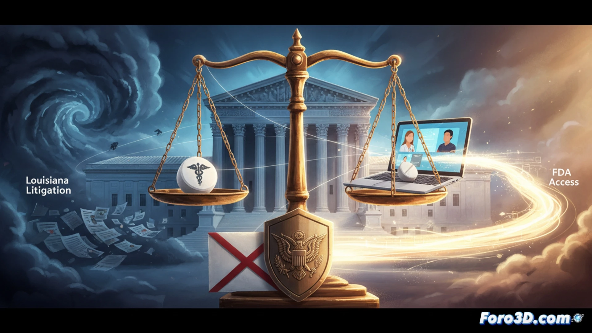 Photorealistic technical illustration of a judge's gavel striking a digital tablet screen showing a telemedicine prescription interface, mifepristone blister pack floating above the tablet with glowing molecular structure, FDA seal partially visible on a legal document being torn by two opposing robotic hands, cinematic courtroom lighting with blue and amber shadows, ultra-detailed pharmaceutical packaging, circuit board patterns merging with legal paper textures, dramatic low-angle shot, realistic 3D render, high contrast shadows emphasizing the conflict between judicial authority and medical science