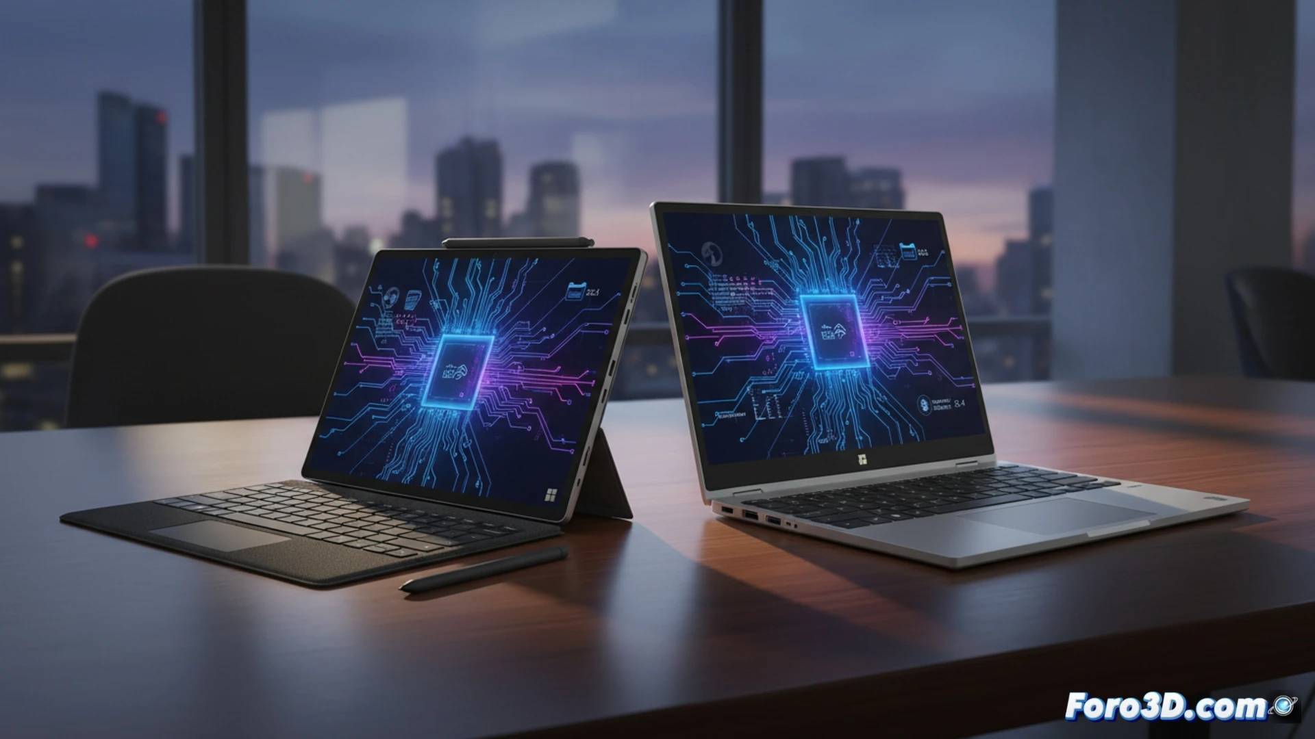 Surface Pro 12 y Laptop 8 sobre una mesa de oficina técnica, un ingeniero empresarial conectando un cable Thunderbolt 4 a un puerto USB-C mientras una animación holográfica muestra un chip Intel Core Ultra en la pantalla, con el Surface Connect brillando junto a un módulo Wi-Fi 7, durante una demostración de transferencia de datos en alta velocidad, estilo cinematic photorealistic, iluminación corporativa azul y gris, detalles metálicos del chasis, reflejos precisos en la superficie, fondo de centro de datos con servidores, render técnico ultra detallado