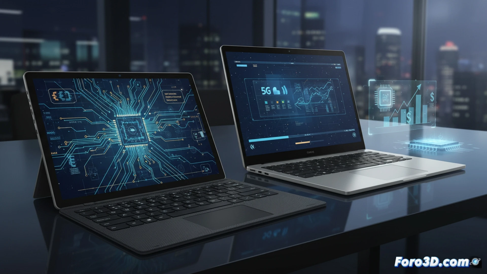 Surface Pro 12 y Laptop 8 sobre una mesa de conferencias empresarial, un ingeniero corporativo demostrando la multitarea con ventanas de análisis de datos abiertas, pantalla OLED reflejando gráficos financieros en tiempo real, junto a una estación de carga con conectividad 5G activa, cables de fibra óptica conectados, componentes internos del procesador Intel Panther Lake visibles en una vista explosionada, iluminación dramática de estudio, texturas metálicas premium, estilo cinematic technical illustration, ultra-detallado y photorealistic