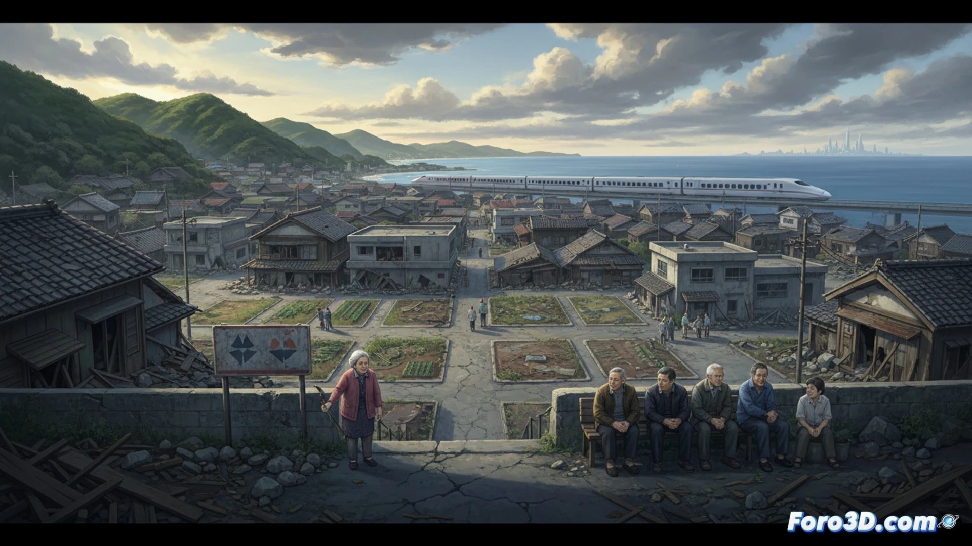 Aerial view of a shrinking Japanese coastal town, cracked roads and collapsed wooden houses after an earthquake, elderly residents walking slowly past abandoned storefronts with rusted shutters, a single young technician inspecting a damaged solar panel on a roof, empty schoolyard with overgrown weeds, two crows perched on a broken traffic light, grey overcast sky, muted earthy tones, photorealistic post-disaster documentary style, cinematic wide-angle shot, deep depth of field, dust particles floating in still air, melancholic atmosphere, ultra-detailed urban decay textures