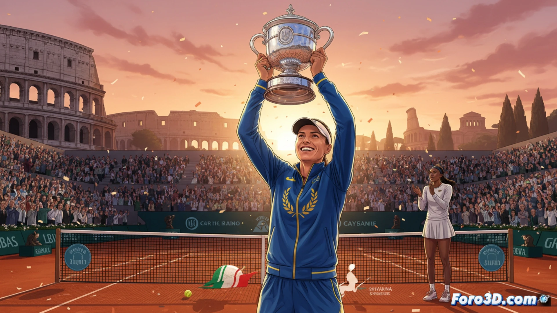 Elina Svitolina levanta el trofeo del Abierto de Italia, celebrando su victoria sobre Coco Gauff en la final de Roma.