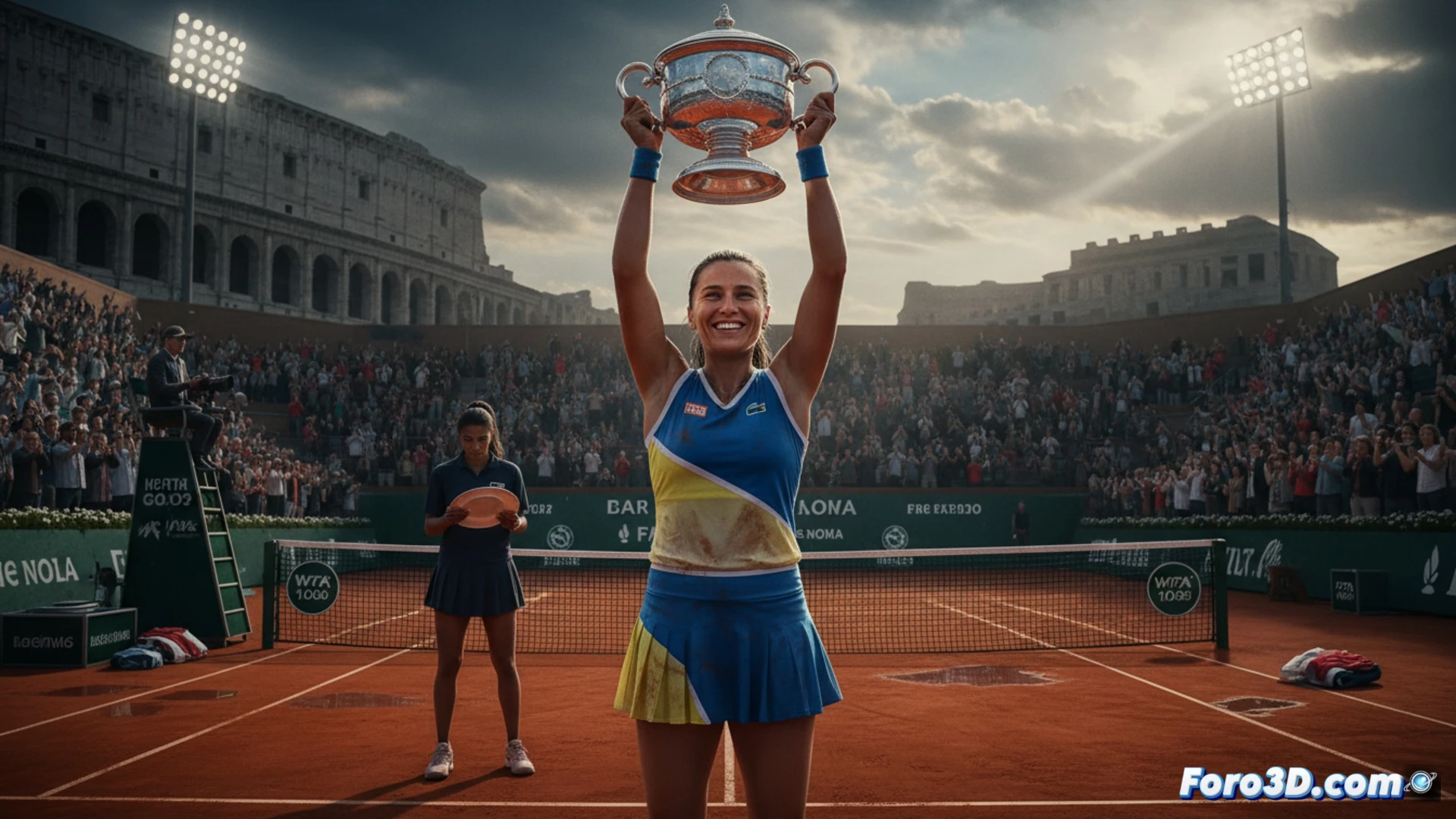 Elina Svitolina levanta el trofeo del WTA 1.000 de Roma bajo una ligera lluvia, con la cancha mojada y la red de fondo.
