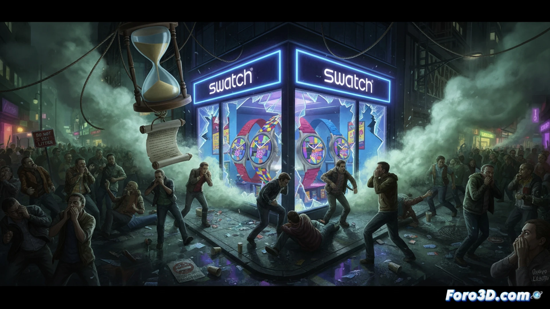 Cinematic street scene at dawn, chaotic crowd of collectors pushing against metal barriers outside a luxury watch store, security guards in yellow vests struggling to contain the surge, a canister of tear gas releasing white smoke in the foreground, shattered smartphone on the pavement, scattered Swatch Royal Pop watch boxes trampled underfoot, broken display glass from the storefront, photorealistic technical illustration, dramatic high-contrast lighting, urban grit texture, wide-angle lens distortion, motion blur on fighting figures, red warning lights reflecting on wet asphalt, ultra-detailed crowd chaos, no visible text or numbers