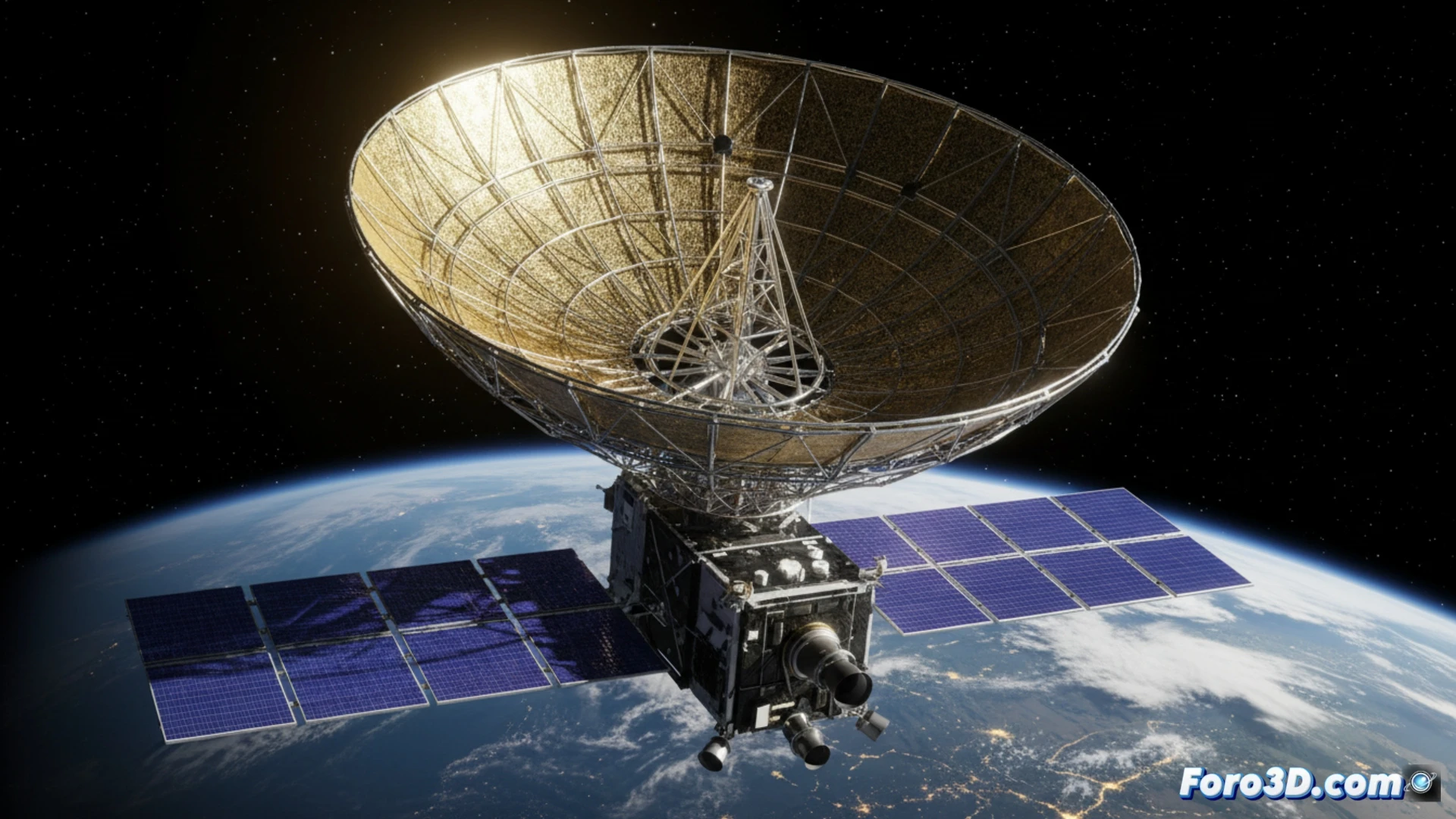 Descripción detallada (80-120 caracteres):  
Ilustración del satélite NEASTAR-1 con un gran reflector desplegable de 5 metros en banda L, orbitando la Tierra desde GEO para emitir contenido multimedia directo a dispositivos.