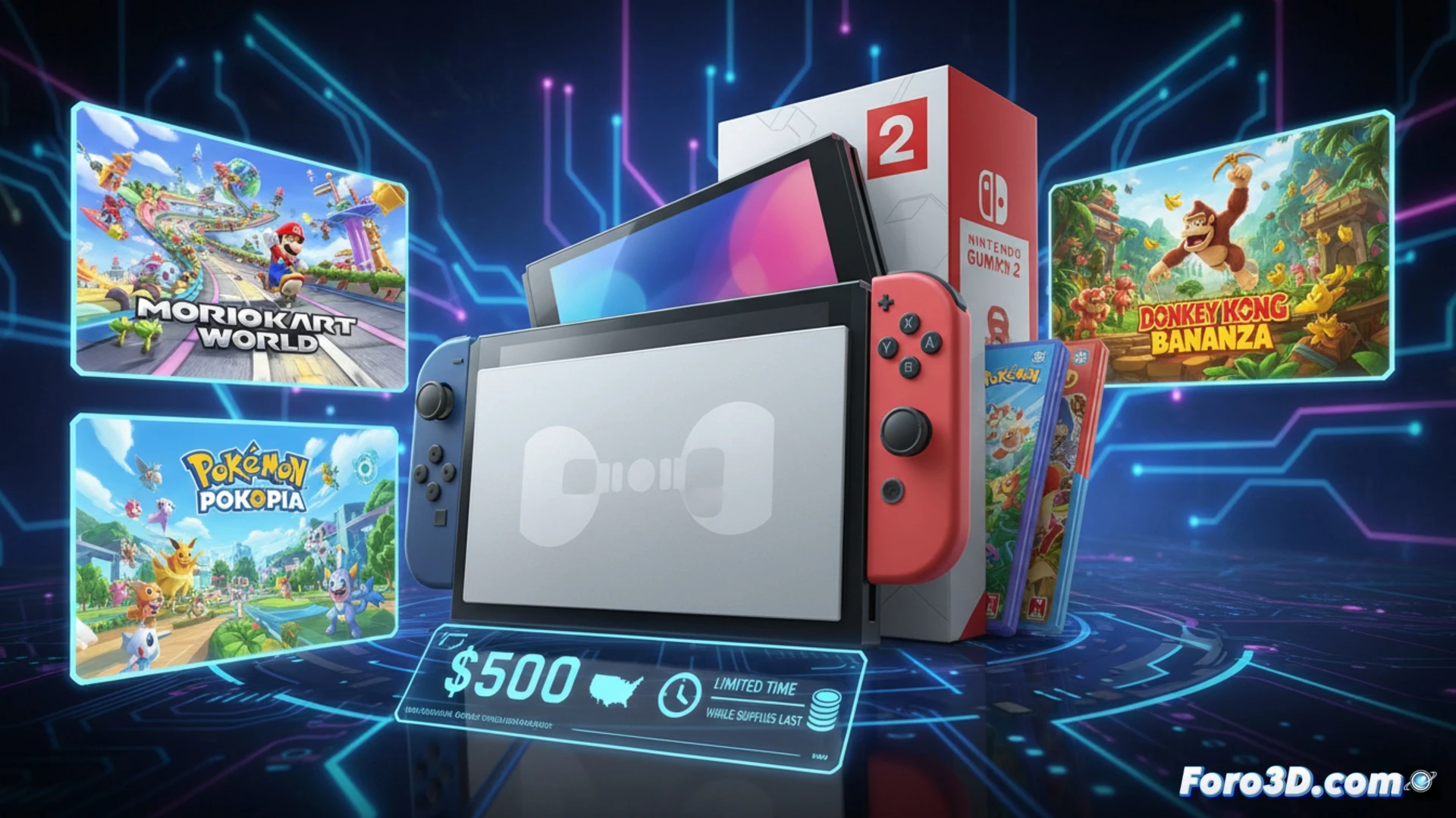Un pack de Nintendo Switch 2 por 500 dólares, con tres juegos destacados: Mario Kart World, Donkey Kong Bananza y Pokémon Pokopia.