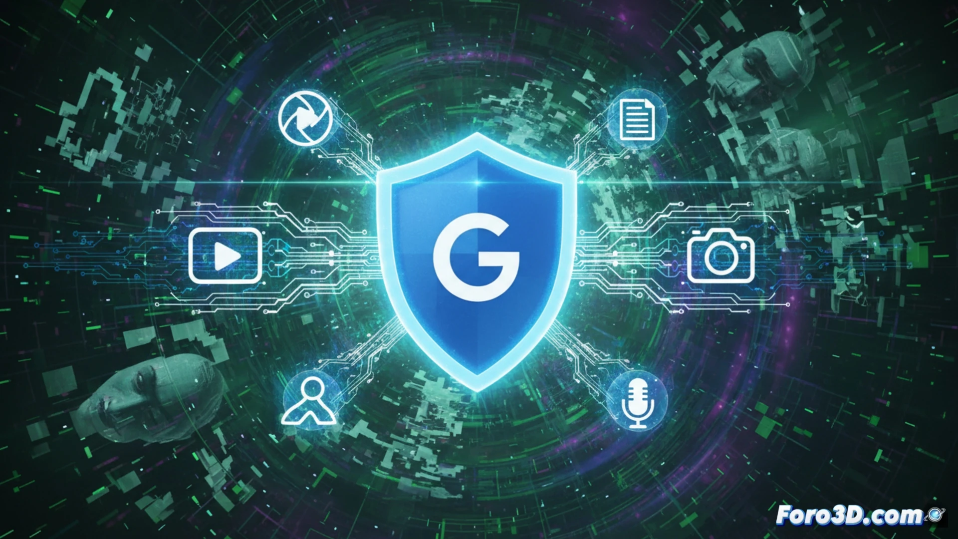 photorealistic technical illustration of a digital content verification process, glowing blue watermark being embedded into a video file during encoding, transparent digital fingerprint overlaying pixels on a screen, server racks in background processing real-time authentication, cinematic lighting with cold blue and warm orange contrast, holographic shield symbol protecting verified content while blurred deepfake faces fade in background, ultra-detailed circuitry patterns on a tablet interface, motion blur of data streams flowing from camera to secure cloud, engineering visualization style, clean metallic surfaces, subtle particle effects around the encryption layer