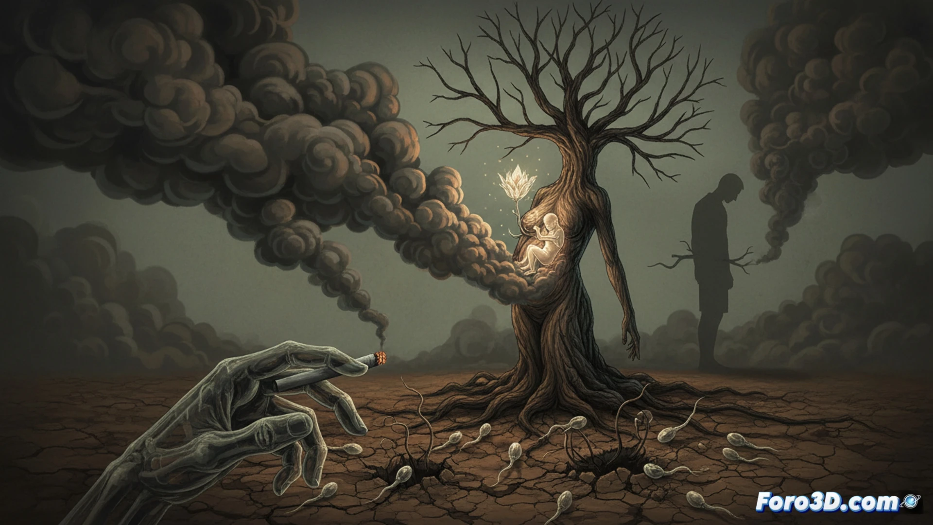 cinematic photorealistic scene of a male and female reproductive system dissolving into smoke particles, a smoldering cigarette burning near a cracked egg cell, deformed sperm cells with broken tails floating in a dark fluid, DNA helix strands unraveling into ash, clinical laboratory setting with petri dishes and microscopes in blurred background, dramatic side lighting, dark blue and amber color palette, smoke trails curling upward like toxic vines, ultra-detailed cellular structures, medical illustration style