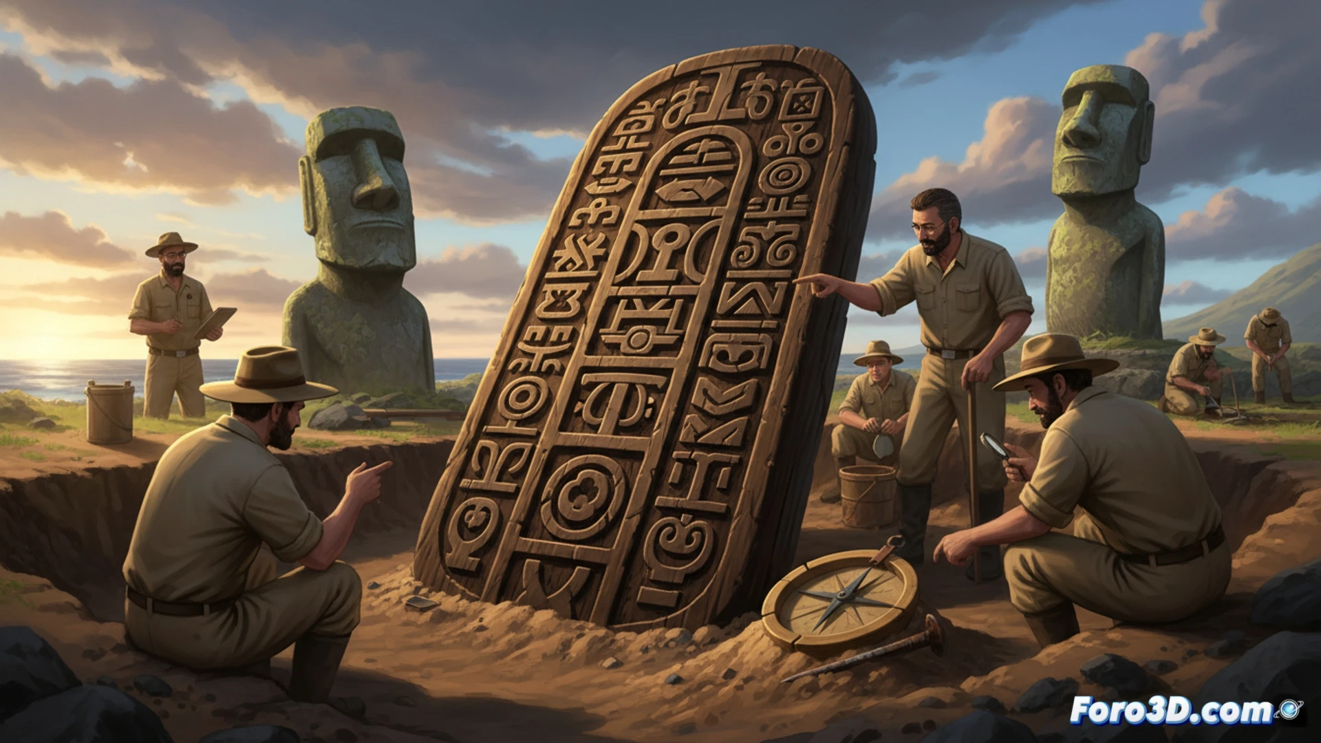 Ancient Rapa Nui archaeological dig scene, researchers uncovering a weathered wooden rongorongo tablet from volcanic soil, tablet surface showing carved pictographic symbols, a brush gently removing dust from glyphs during excavation, magnifying glass and carbon dating tools nearby, dramatic golden hour sunlight casting long shadows across the site, cinematic photorealistic style, ultra-detailed wood grain texture, deep earth tones, historical mystery atmosphere, precise archaeological lighting