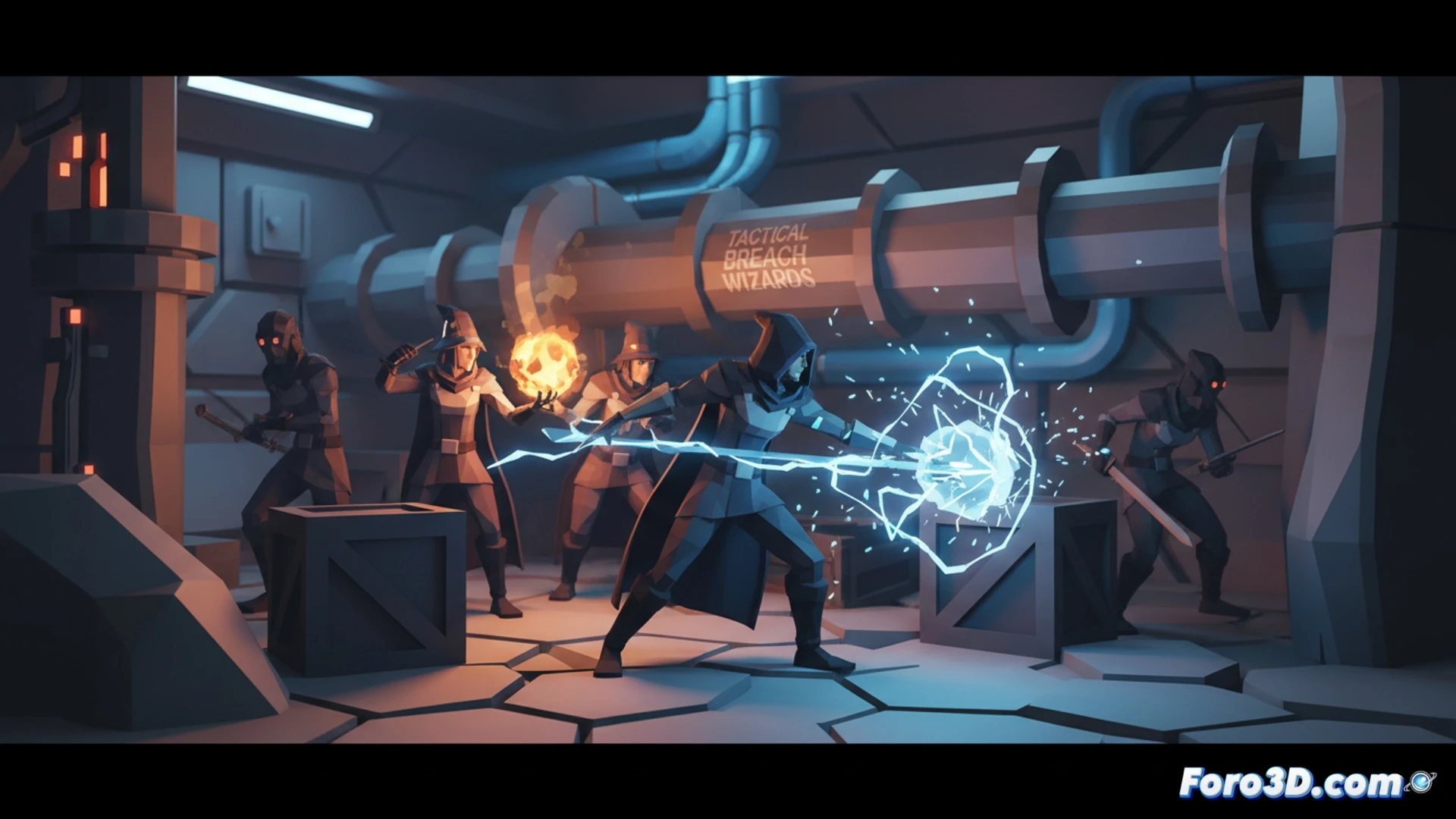 Tactical Breach Wizards low-poly en Unity y Maya, vista isométrica con hechizos y partículas