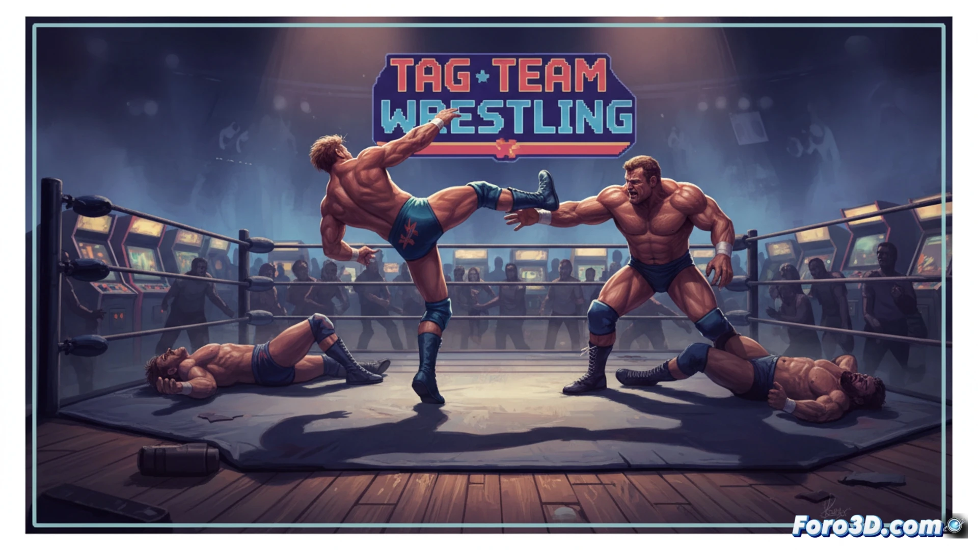two arcade cabinets side by side displaying Tag Team Wrestling from 1983, wrestler performing a flying elbow drop from the top rope onto an opponent, second tag partner reaching for a tag on the apron, glowing pixelated ring ropes vibrating from impact, retro CRT screen scanlines visible, coin slot panel with illuminated buttons, classic joystick and button layout, arcade marquee with neon-style lettering above, wooden cabinet side panels with worn decals, dramatic dark arcade lighting with blue and magenta highlights, dust particles floating in the air, cinematic retro gaming scene, photorealistic arcade environment, action frozen mid-motion during the elbow drop
