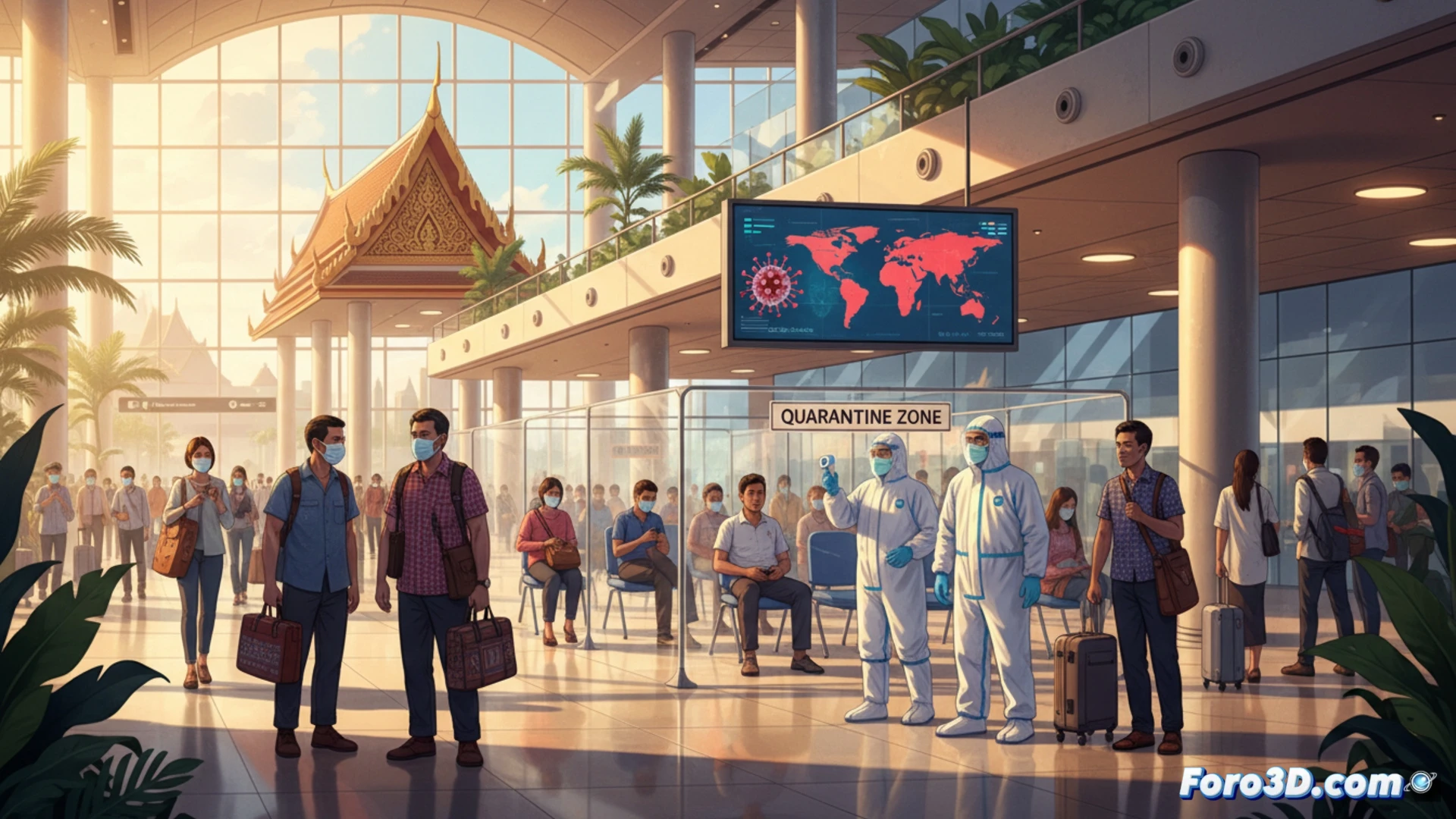 biomedical quarantine station in Bangkok airport, hazmat-suited officials scanning thermal camera feed of arriving passengers from Uganda flight, digital map of RDC and Uganda glowing red on monitor with Ebola outbreak clusters, medical isolation room visible through glass wall with UV sterilization lights active, photorealistic technical illustration, clinical white and blue lighting, medical equipment monitors displaying vital signs, sterile environment, high-detail plastic barriers and ventilation ducts, cinematic health security visualization
