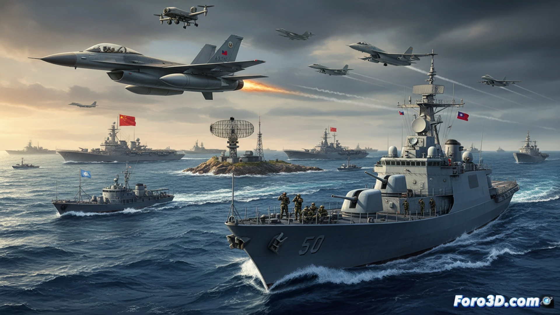 Taiwan Strait naval patrol scene, two Chinese warships moving in formation under overcast sky, Taiwanese frigate and radar-equipped aircraft tracking them from a distance, naval crew monitoring screens displaying real-time maritime data and threat detection systems, military radar dishes rotating on coastal base, tense surveillance operation, photorealistic technical illustration, dramatic ocean lighting with storm clouds, metallic hull reflections, detailed antenna arrays and weapon systems, dynamic sea spray, ultra-sharp focus on naval hardware, cinematic military documentary style