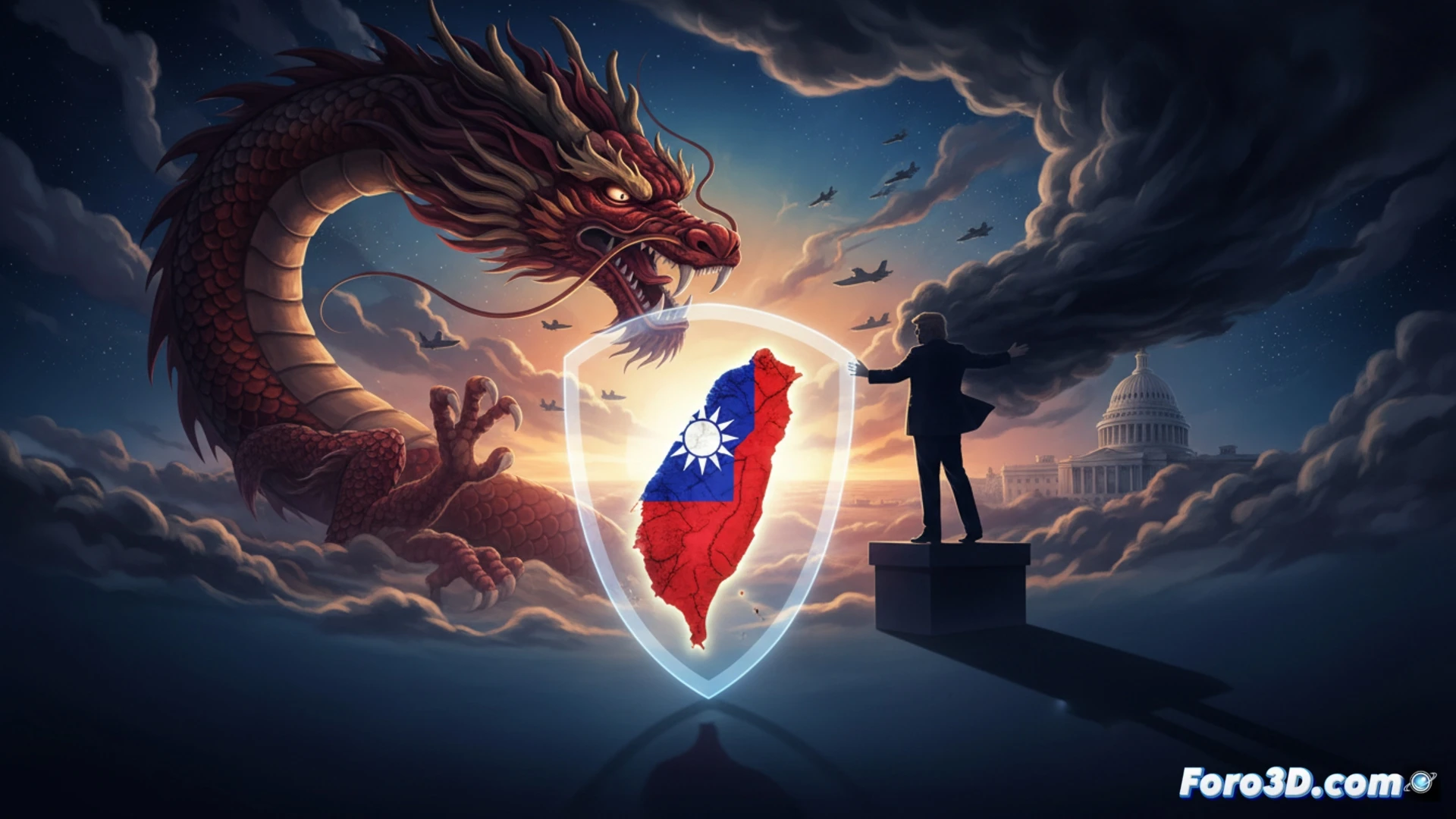 Taiwanés funcionario de pie frente a un mapa digital táctico iluminado, señalando una zona marítima disputada mientras un monitor muestra señales de radar y gráficos de rutas de misiles, documentos con sellos de defensa sobre la mesa, cables conectados a un laptop militar, fondo con bandera ondeando, estilo cinematográfico fotorrealista, iluminación contrastada azul y naranja, texturas metálicas y de pantallas LED, composición dinámica de acción diplomática y técnica