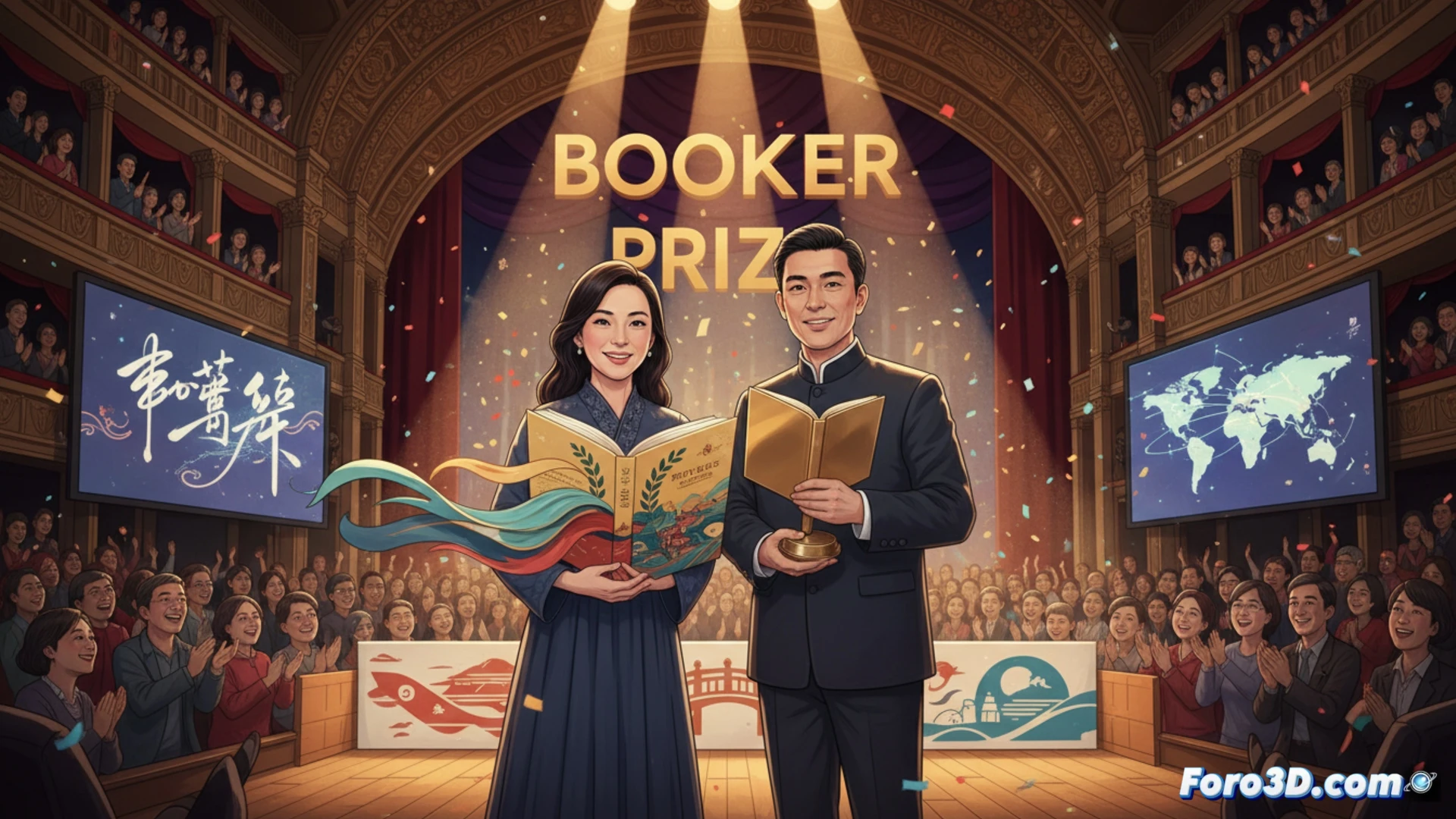 Una pila de libros con Taiwan Travelogue en portada, resaltando el Premio Booker 2026 y banderas de Taiwán y EE.UU.