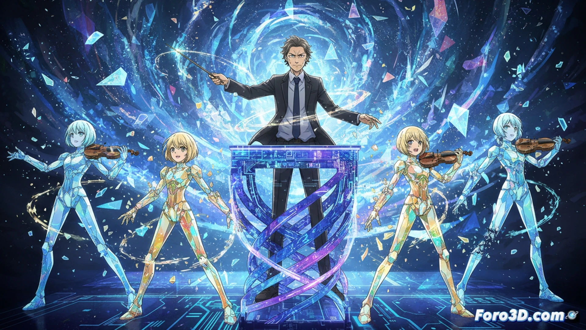Descripción (80-120 caracteres):  
Un director de anime sostiene un pincel digital frente a un cristal 3D brillante y fragmentado, con alma expresiva y estilo tradicional.