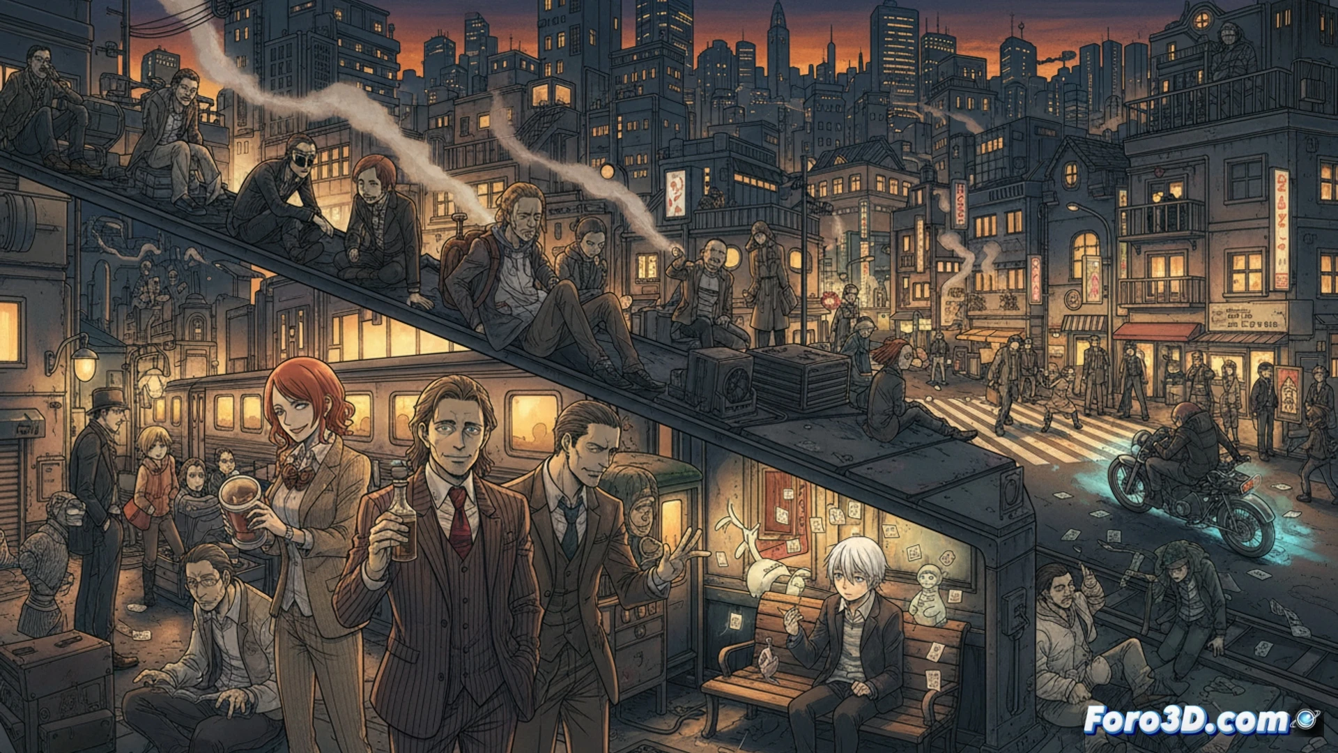 Una ilustración que muestre a Takahiro Omori de perfil, con el rostro iluminado por un haz de luz que atraviesa un caos de personajes borrosos (Natsume, Ladd Russo, Shizuo Heiwajima) en segundo plano. En primer plano, sus manos sostienen un engranaje de reloj, simbolizando el orden. Siluetas de corbatas, sombreros y linternas flotan en silencio, mientras el fondo es un torbellino de trazos negros y blancos. El estilo debe ser minimalista, con tonos sepia y azul oscuro.