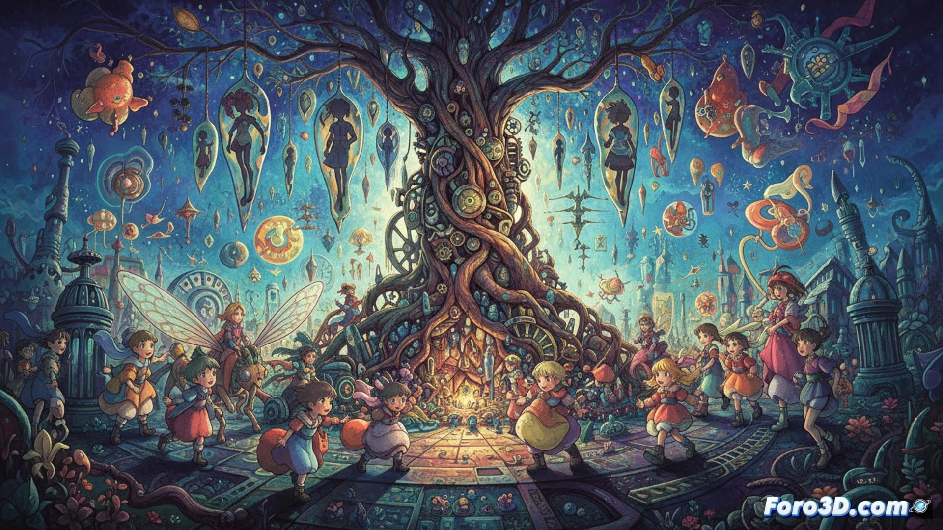 Un hombre crea animación surrealista con trazos europeos, rodeado de árboles retorcidos y niños fantásticos sobre un fondo de fluido movimiento visual.
