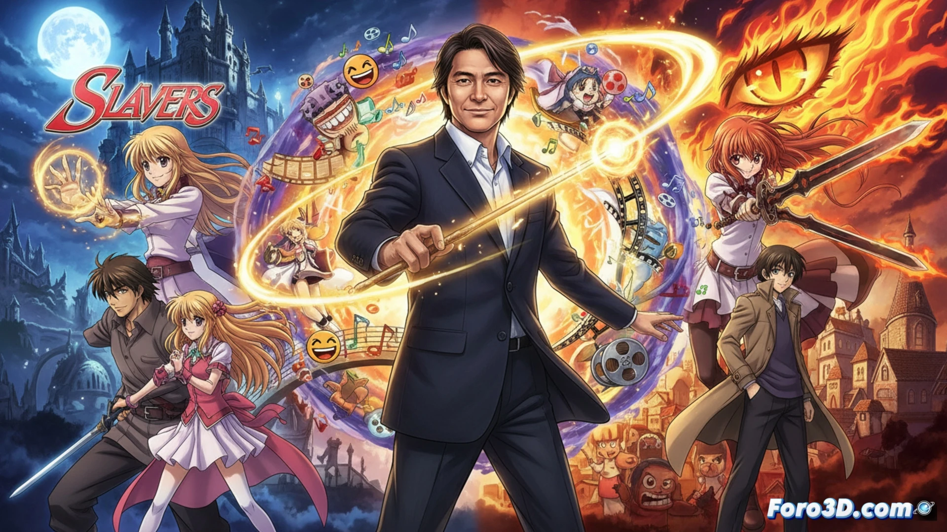 anime director Takashi Watanabe in 1990s studio setting, holding a film clapperboard while surrounded by floating fantasy and comedy character sketches, action showing him orchestrating a chaotic scene with Slayers-style magic spells and Shakugan no Shana flame effects, hands gesturing dynamically as if conducting rhythm, technical illustration style, mechanical animation desk with exposed storyboard panels and editing software interface on a CRT monitor, glowing magical particles mixing with cinematic lighting, dramatic shadows from overhead studio lamps, photorealistic render with detailed pencil textures and digital color layers