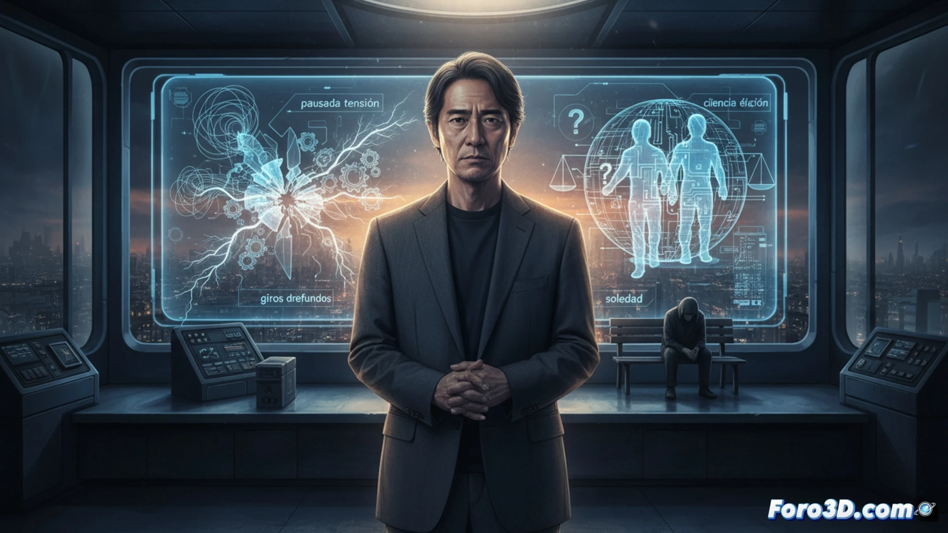Un director de cine, de perfil sereno, observa una pantalla en penumbra. Silencio visual, ética suspendida.
