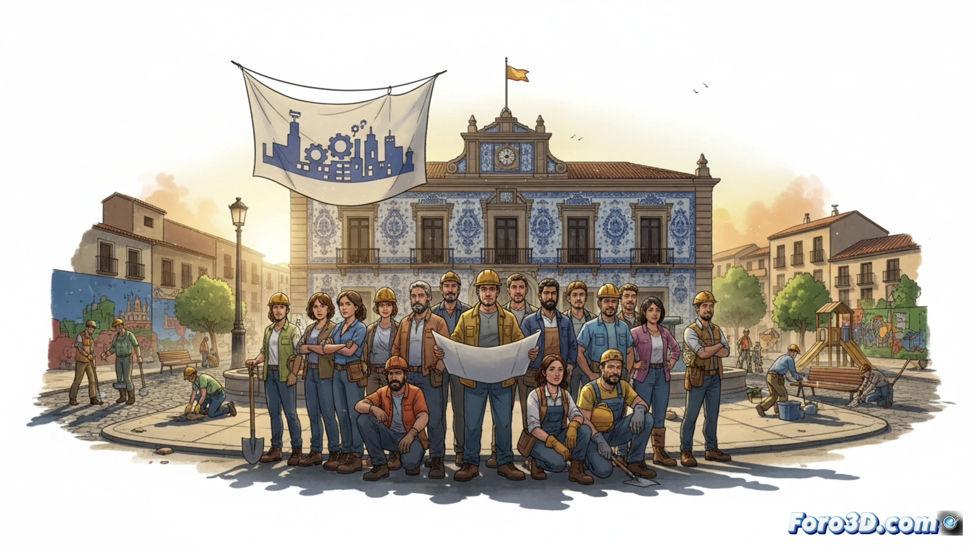Grupo de 232 trabajadores con uniformes naranjas en plaza de Talavera, listos para proyectos de mantenimiento urbano y parques.