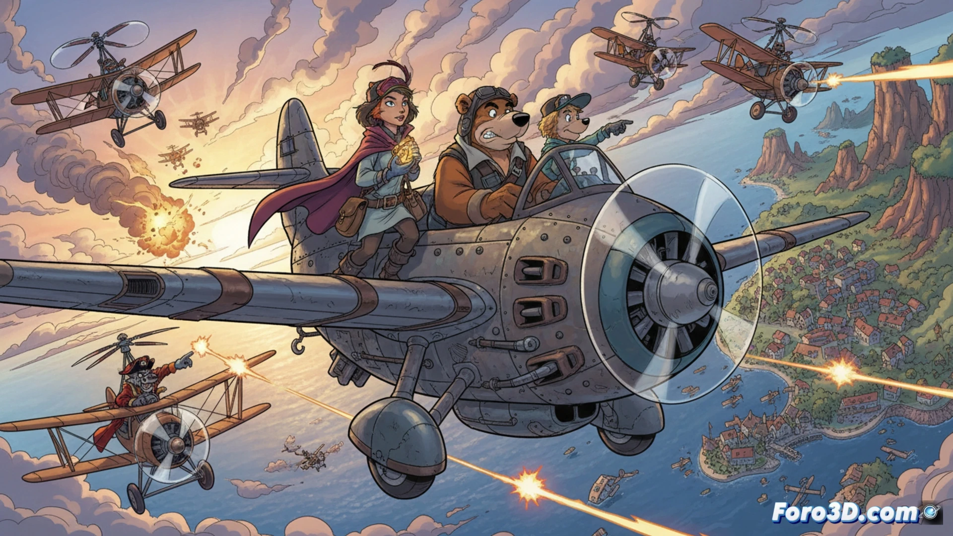 Baloo piloting the Sea Duck cargo plane through storm clouds over Cape Suzette, Kit in copilot seat pointing toward a pirate airship approaching from starboard, Skye Ryder gripping a seat harness in the cargo bay, engine cowling panels showing rivet details and exhaust smoke, propeller blades catching lightning flashes, cockpit gauges glowing amber, dynamic action pose, cinematic aerial combat scene, dramatic volumetric clouds, metallic fuselage reflections, retro-futuristic aviation aesthetic, highly detailed mechanical components, photorealistic engineering visualization
