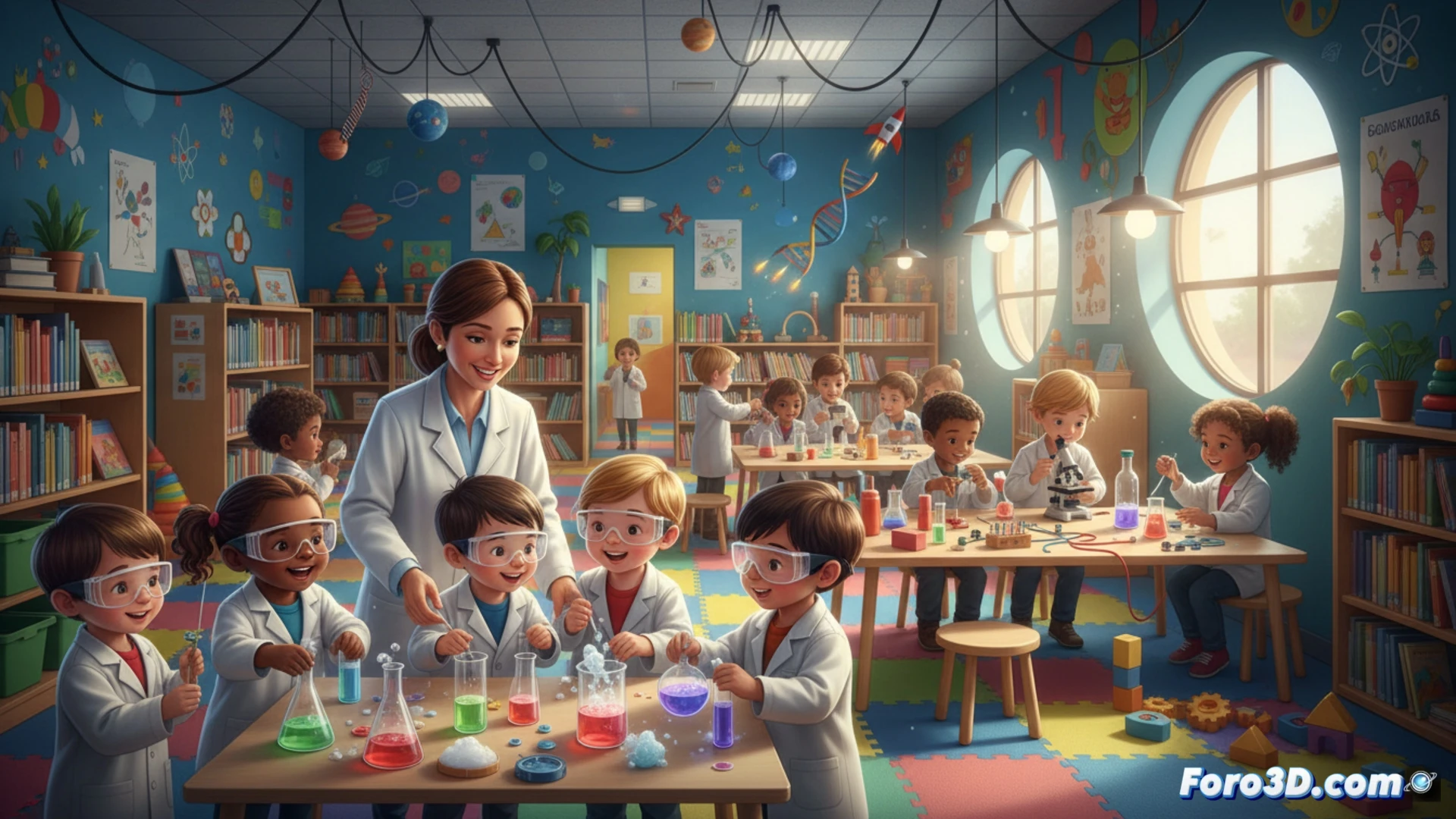 niños de 3 a 9 años realizando experimentos científicos en una ludoteca, grupo de niños pequeños usando microscopios y lupas sobre una mesa de laboratorio colorida, un niño de 4 años sostiene un matraz con líquido azul burbujeante, otro niño de 8 años ajusta un circuito eléctrico simple con cables y bombillas LED, tubos de ensayo con líquidos de colores, engranajes de plástico sobre la mesa, fondo con estanterías de juegos educativos, luz natural desde ventanas, ambientación acogedora y estimulante, estilo photorealistic, enfoque nítido en las manos y herramientas, composición horizontal, iluminación suave de estudio