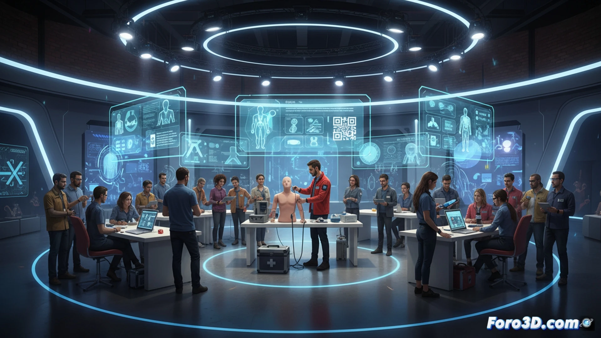 photorealistic scene of a workshop during Tecnodependencia 2027, a person performing chest compressions on a training manikin while a second person uses a tablet showing a digital first-aid app with glowing interface, medical kit open on table revealing bandages and a defibrillator, elderly mannequin seated nearby with mobility aids, soft blue LED screens in background displaying vital signs, hands-on action demonstrating CPR technique, modern conference room with tech-integrated furniture, cinematic lighting focused on the rescue process, hyper-detailed medical tools and skin textures
