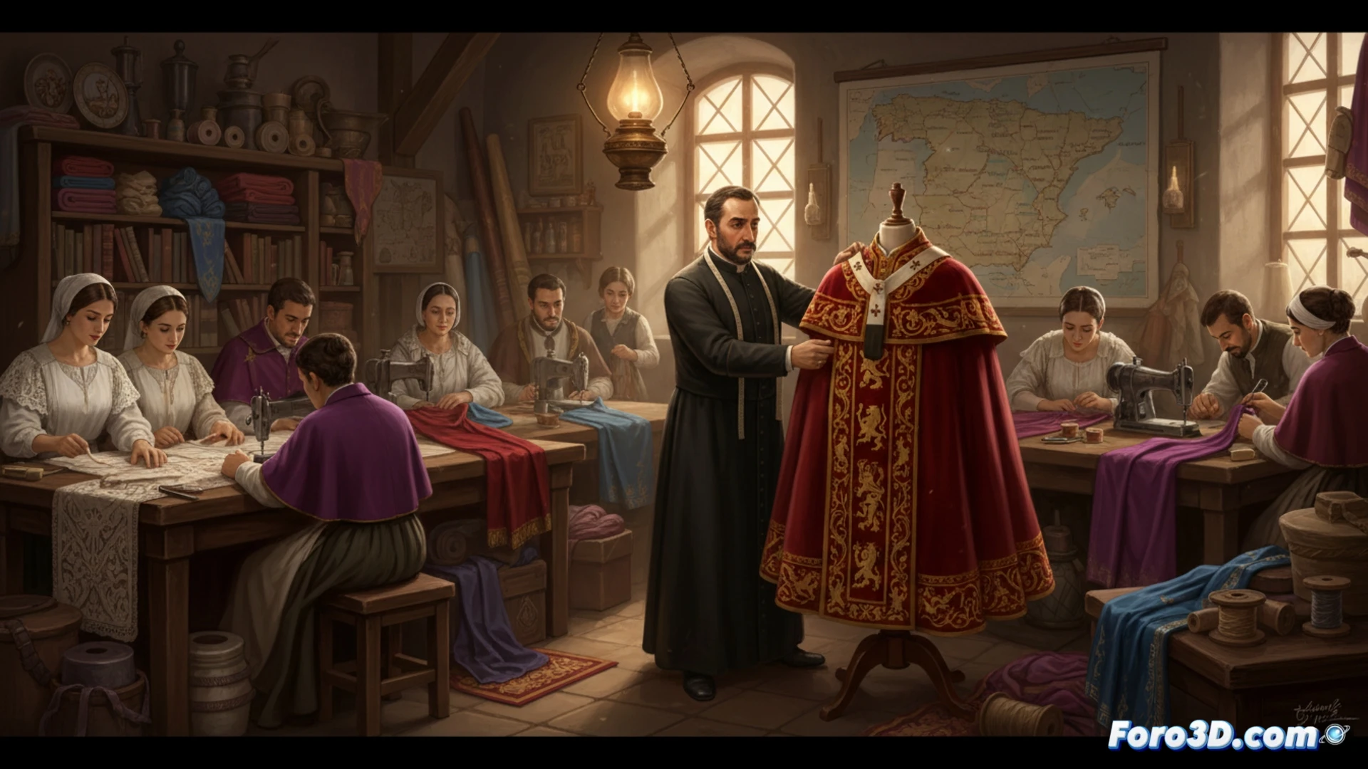 Taller de alta costura eclesiástica, equipo de sastres realizando puntadas finales en casullas y roquetes blancos ornamentados con hilo dorado, maniquíes exhibiendo una mitra papal y una estola bordada a mano, máquinas de coser industriales en funcionamiento, rollos de seda y lino apilados, luz natural entrando por grandes ventanales, polvo flotando en el aire, fotorealismo cinematográfico, texturas de tela y bordado ultradefinidas, ambiente de trabajo artesanal y precisión técnica
