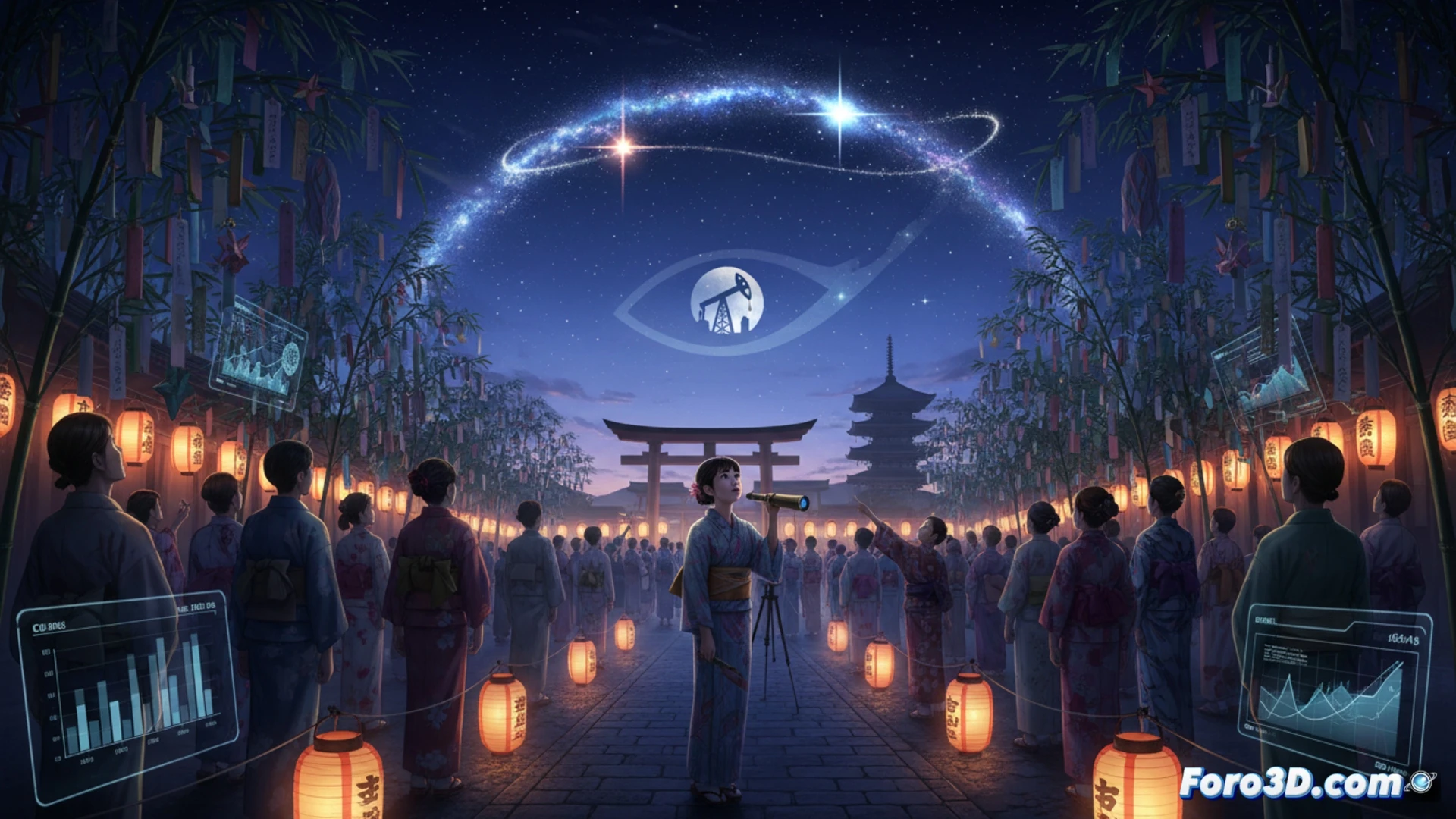 Festival Tanabata night scene in Japan, bamboo branches with hanging paper wishes glowing under starlight, Altair and Vega crossing the Milky Way above, a futuristic jet airplane flying through the night sky with fuel gauge indicator blinking red low fuel warning, airport control tower silhouette in background, cinematic photorealistic visualization, dramatic blue and purple twilight sky, star trails creating motion, bamboo leaves rustling in wind, technical details on aircraft wing showing fuel tank cap and sensor, ultra-detailed celestial bodies, realistic night lighting with lantern glow