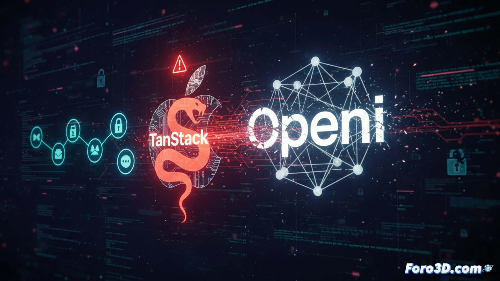 macOS terminal screen with code lines turning red, a chain-link icon breaking between TanStack library and OpenAI servers, glowing malware particles infiltrating through a third-party dependency node, two MacBook devices on a desk showing warning alerts, urgent update notification window popping up, cinematic cybersecurity visualization, dark blue and neon red lighting, metallic hardware reflections, realistic digital attack flow, photorealistic technical illustration