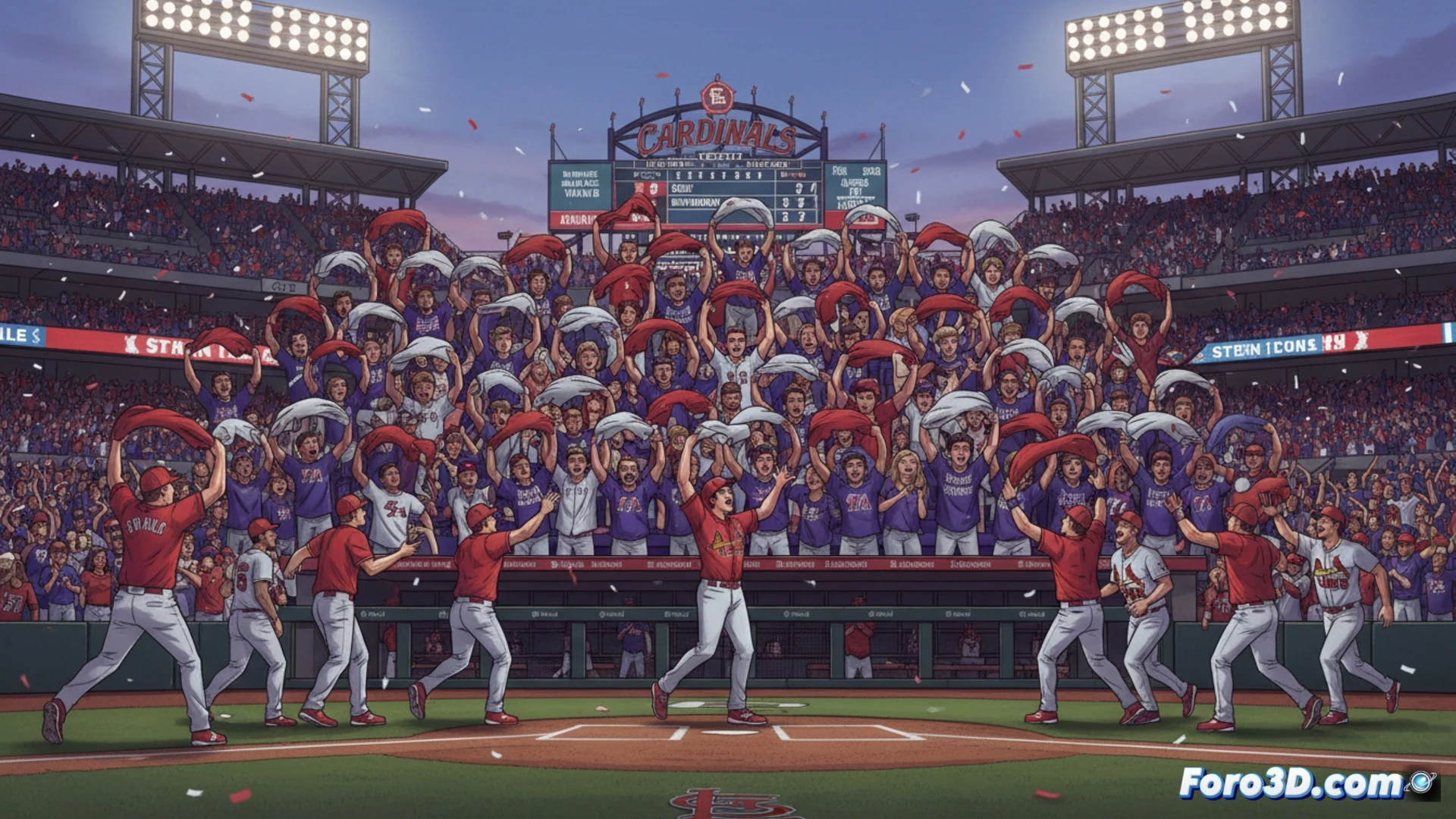photorealistic cinematic scene of a baseball stadium at night, a group of college students in the stands removing their shirts and spinning them above their heads in unison, motion blur capturing the fabric arcs, crowd roaring in the background, a batter at home plate mid-swing, stadium floodlights casting dramatic shadows, technical detail of jersey fabric texture and aerodynamic spin patterns, high-speed action freeze-frame effect, festive atmosphere with glowing stadium lights, ultra-detailed crowd expressions, sports photography style