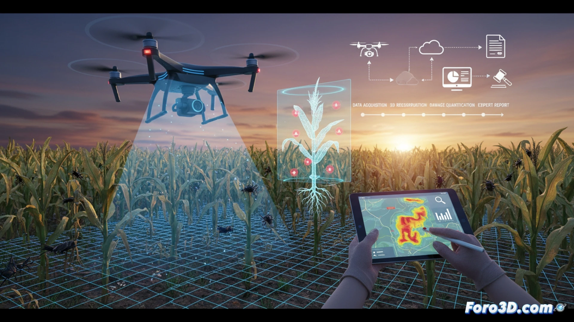 Dron sobrevuela campo de maíz con zonas marrones por plaga, generando modelo 3D para tasación de pérdidas agrícolas