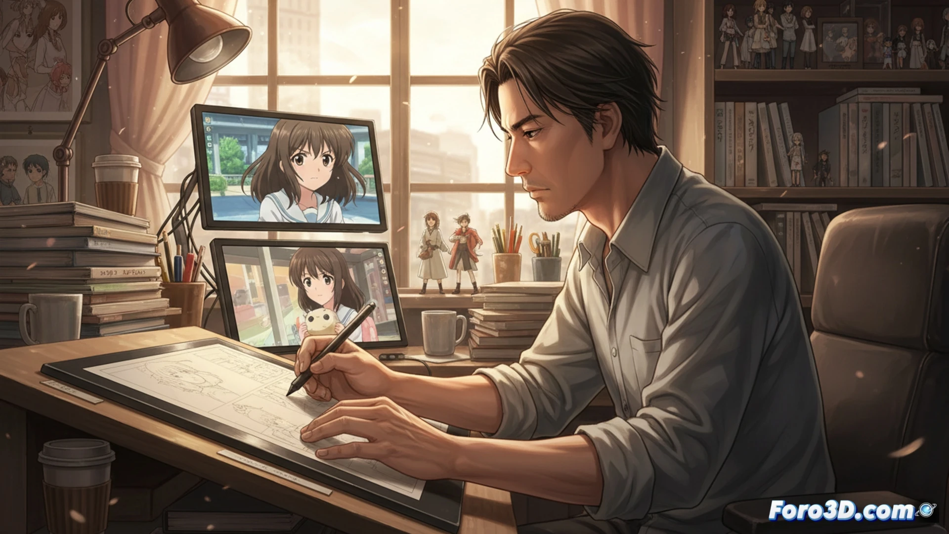 Un director de anime observa una hoja al viento, con luz reflejada en un cabello, capturando gestos cotidianos.