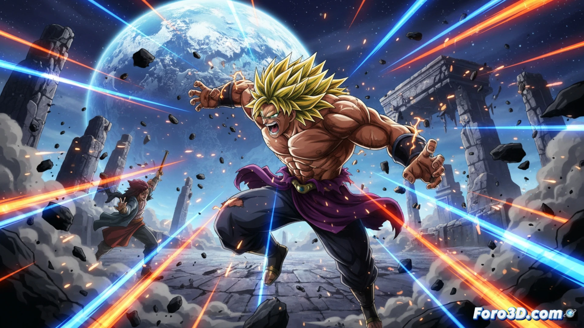 Un combate animado con estallidos de luz y energía, dos personajes chocando en el aire, estilo explosivo de Tatsuya Nagamine.