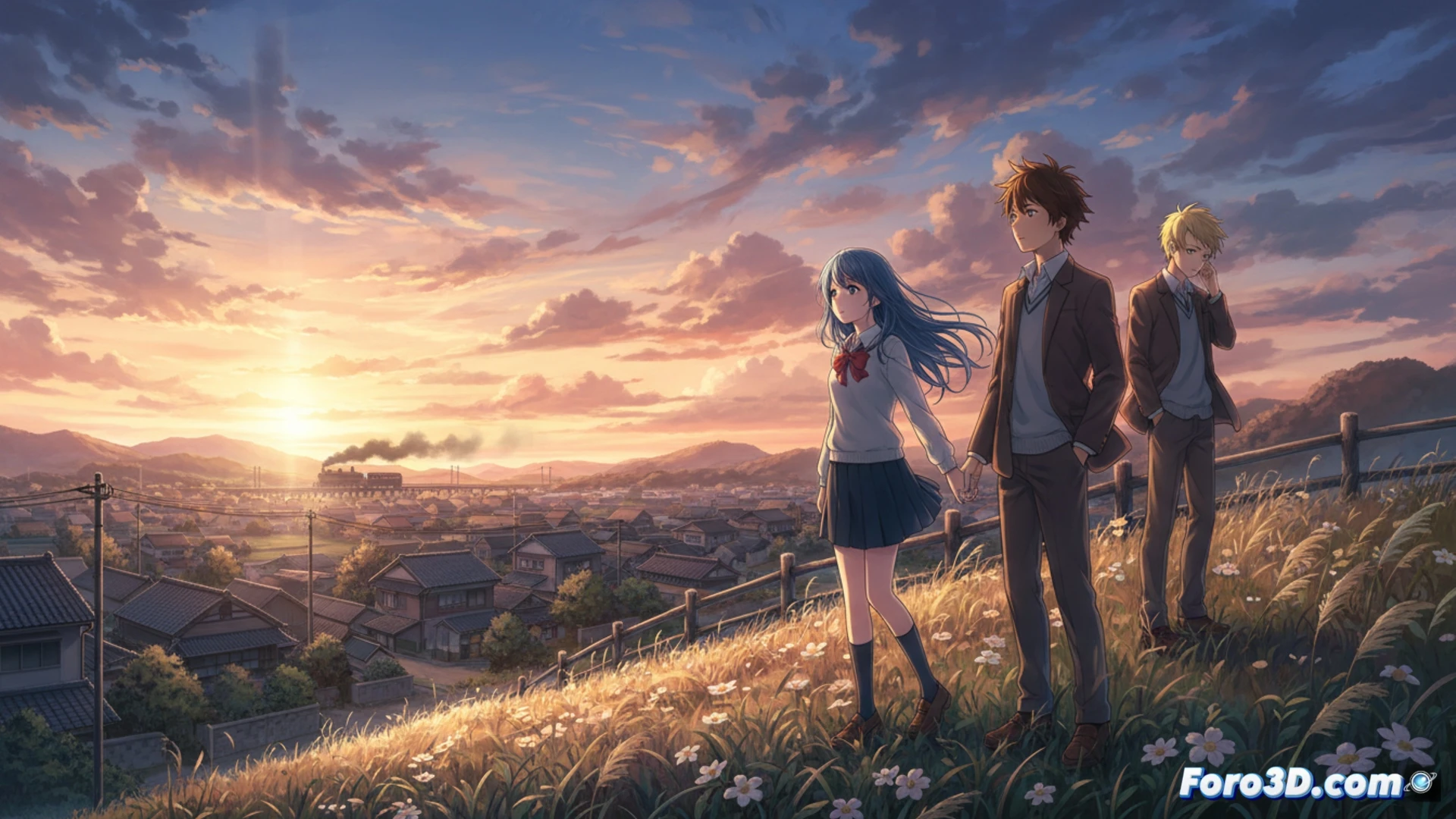 Tres adolescentes en una colina al atardecer, con nubes suaves y un viento que agita sus cabellos, evocando nostalgia y amistad.