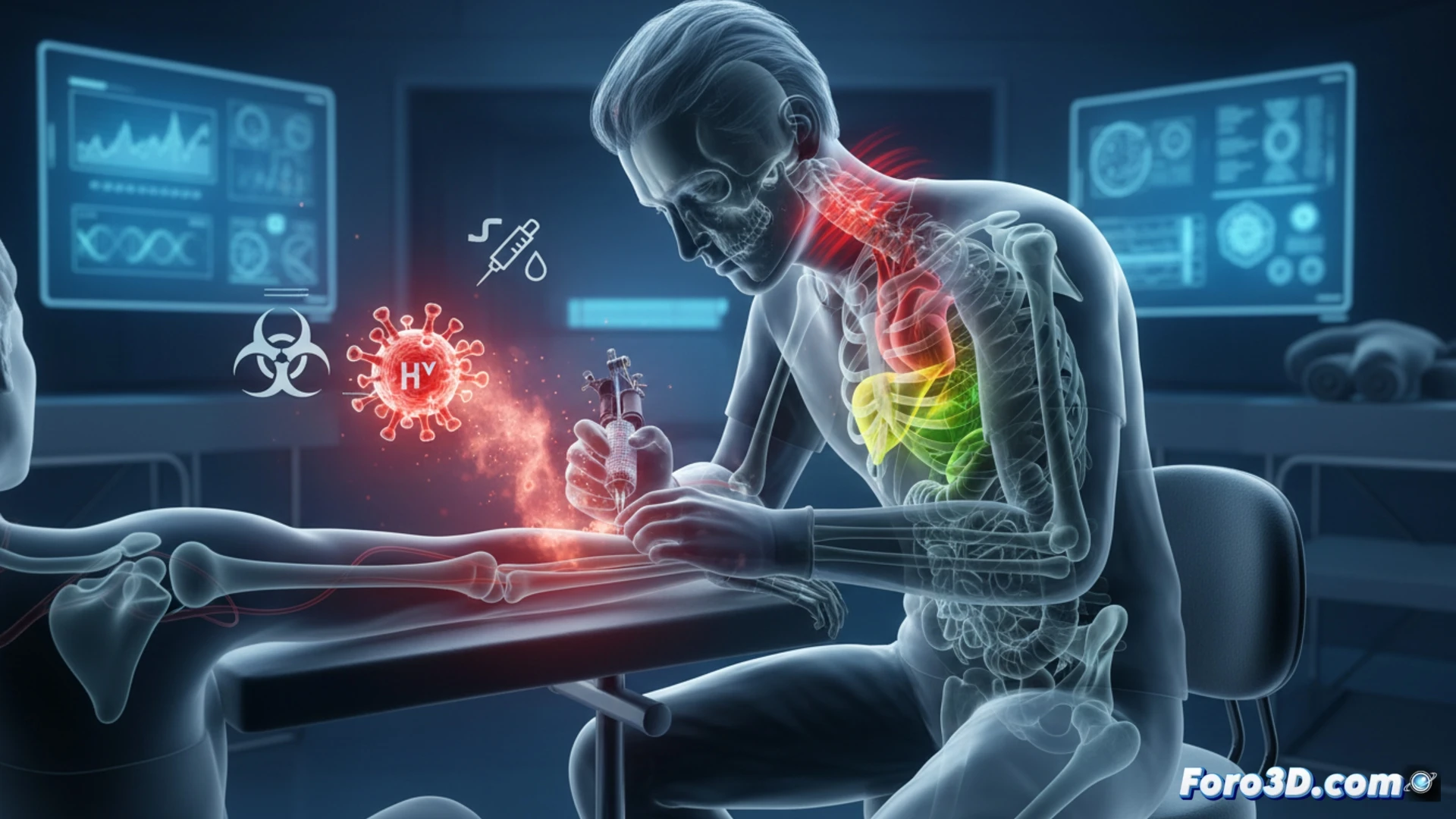 Modelo 3D de tatuador con marcadores de riesgo biológico y postural, fondo oscuro con gráficos de salud ocupacional