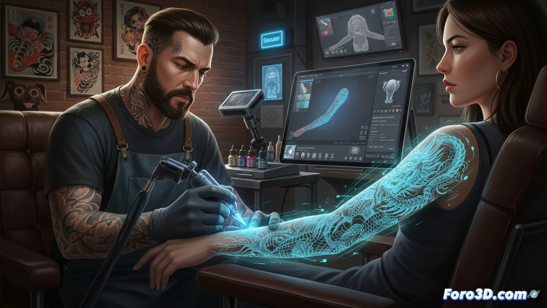 Un tatuador usa un escáner 3D sobre el brazo de un cliente, proyectando un diseño digital que se ajusta a la curvatura muscular con precisión milimétrica.