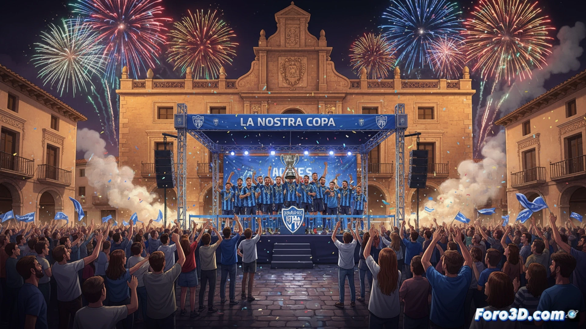 Una plaza Mayor abarrotada vitorea a la UE Tavernes; fuegos artificiales iluminan el cielo nocturno y el himno del club resuena.
