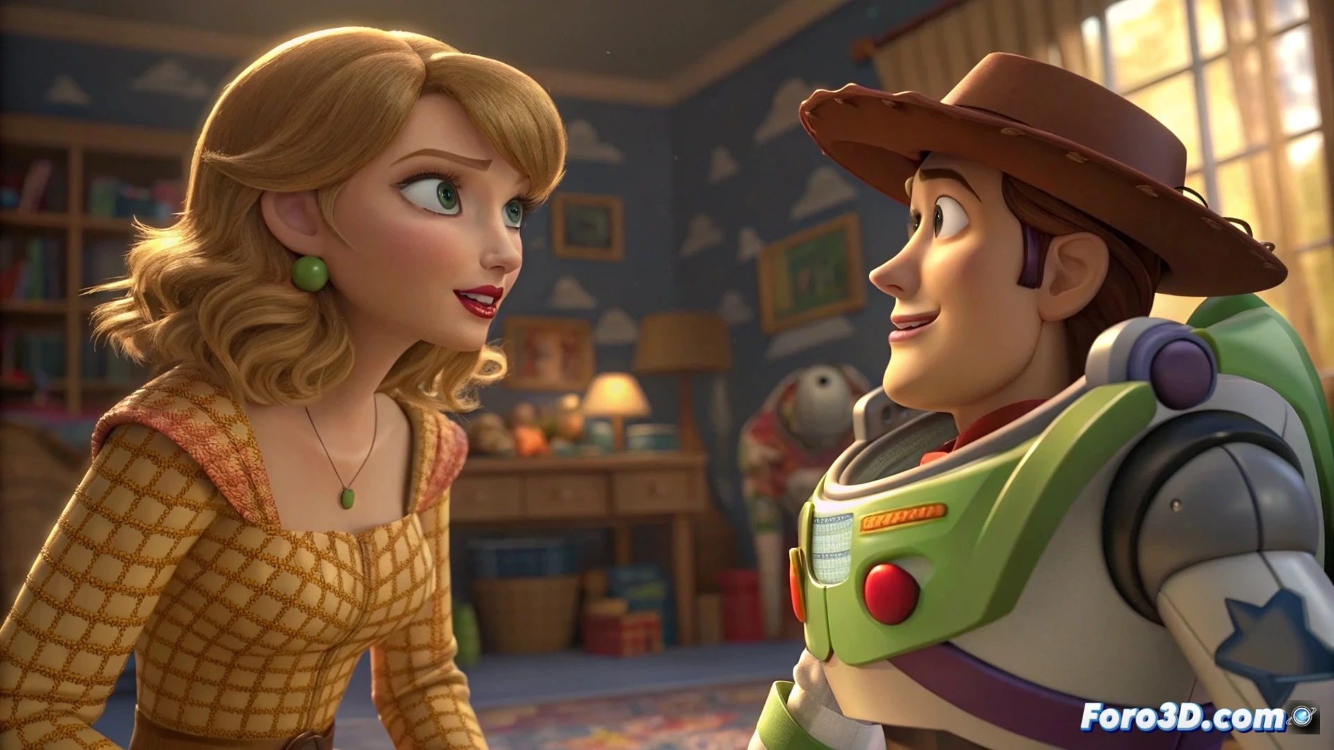 DESCRIPCIÓN: Pantalla de web con cielo azul y cronómetro amarillo en cuenta regresiva, sugerencia de Taylor Swift y Toy Story 5.