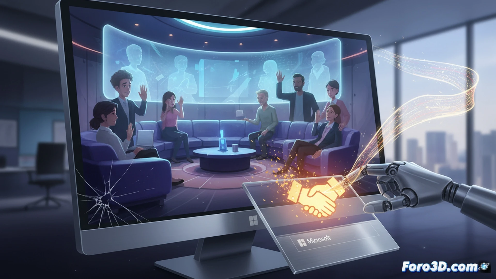 a Teams virtual meeting interface transitioning from a crowded auditorium-style together mode to a clean minimalist grid, digital avatars fading out and dissolving into pixel particles, webcam feed icons snapping into sharp focus with enhanced resolution, server rack hardware glowing in background, network stability indicators pulsing green, cinematic technical illustration, cold blue and grey color palette, smooth motion lines showing the transformation process, photorealistic engineering visualization, ultra-detailed UI elements and connection nodes